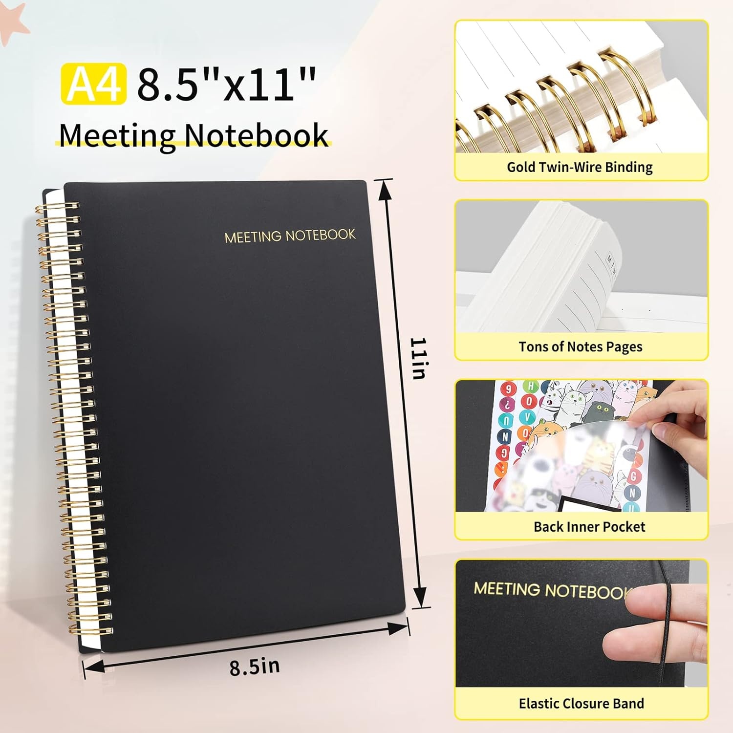 image:imageSUNEE Meeting Notebook for Work with Action Items 160 Pages A4 Size Project Planner Spiral Meeting AgendaMinutes Notebook Organizer for Women Men Note Taking Office amp Business 85x11 PurpleBlack