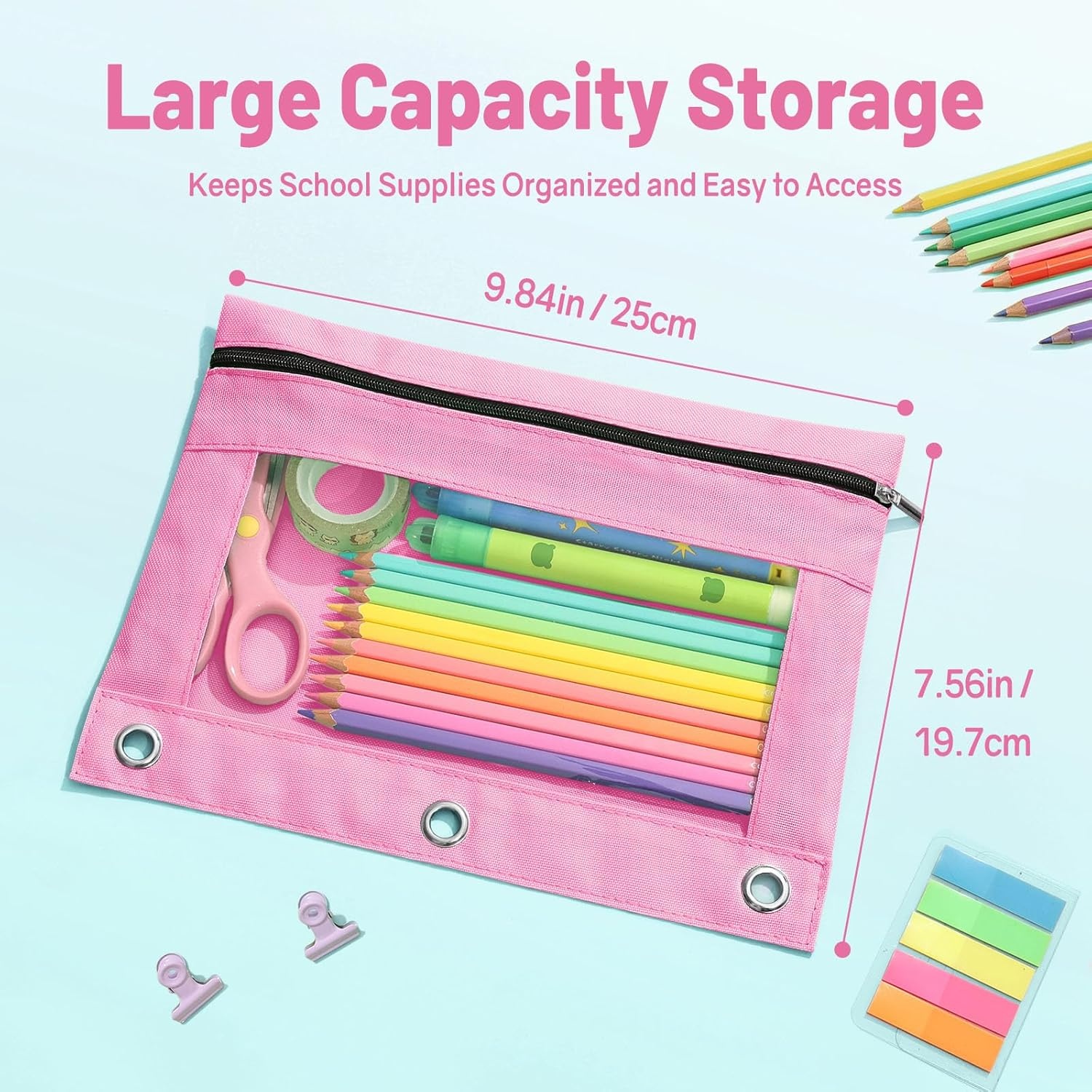 image:imageSUNEE Pencil Pouch for 3 Ring Binder Pencil Bag for Binder with Zippers Black Pencil Case for Students Organizer BlackLight Blue
