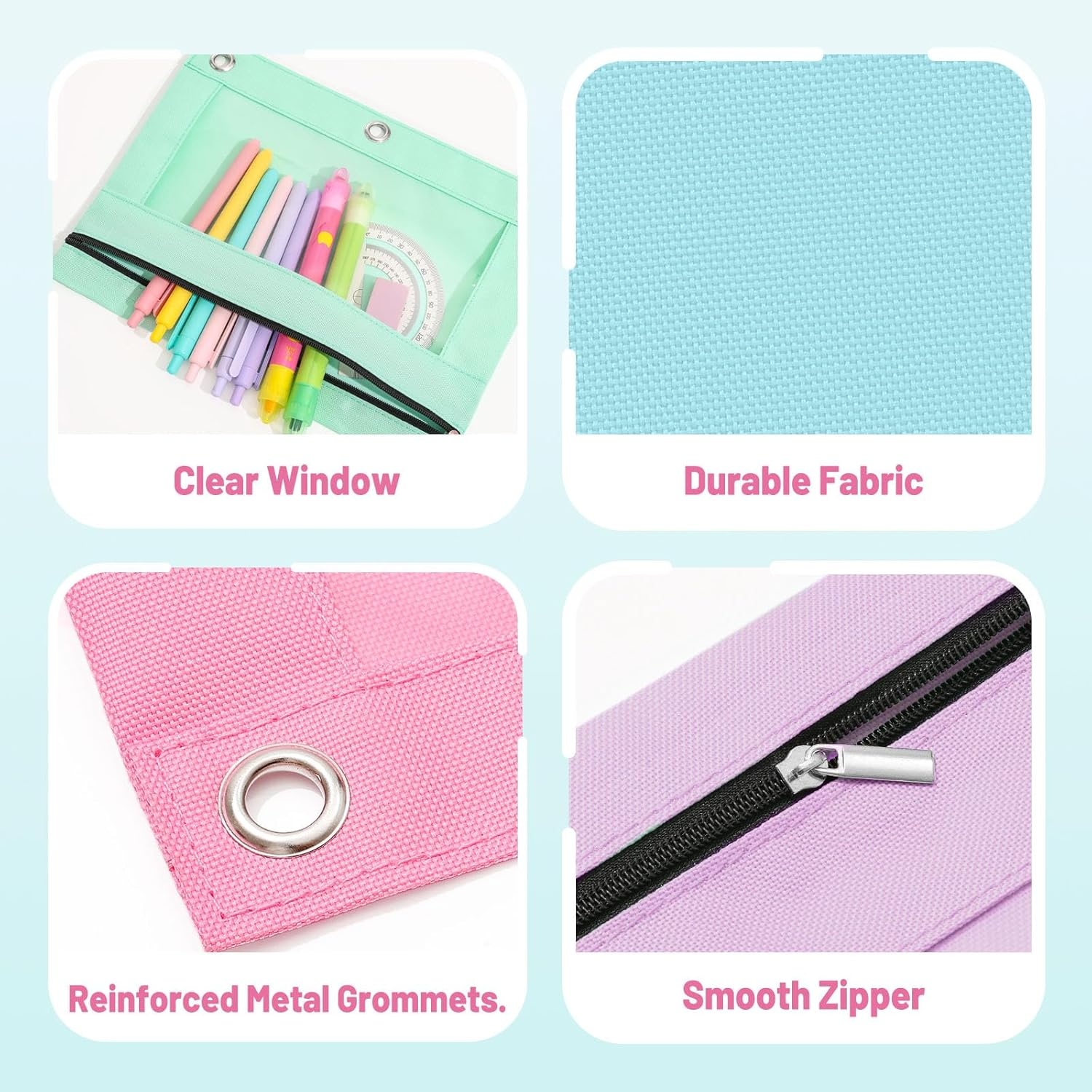image:imageSUNEE Pencil Pouch for 3 Ring Binder Pencil Bag for Binder with Zippers Black Pencil Case for Students Organizer BlackLight Green