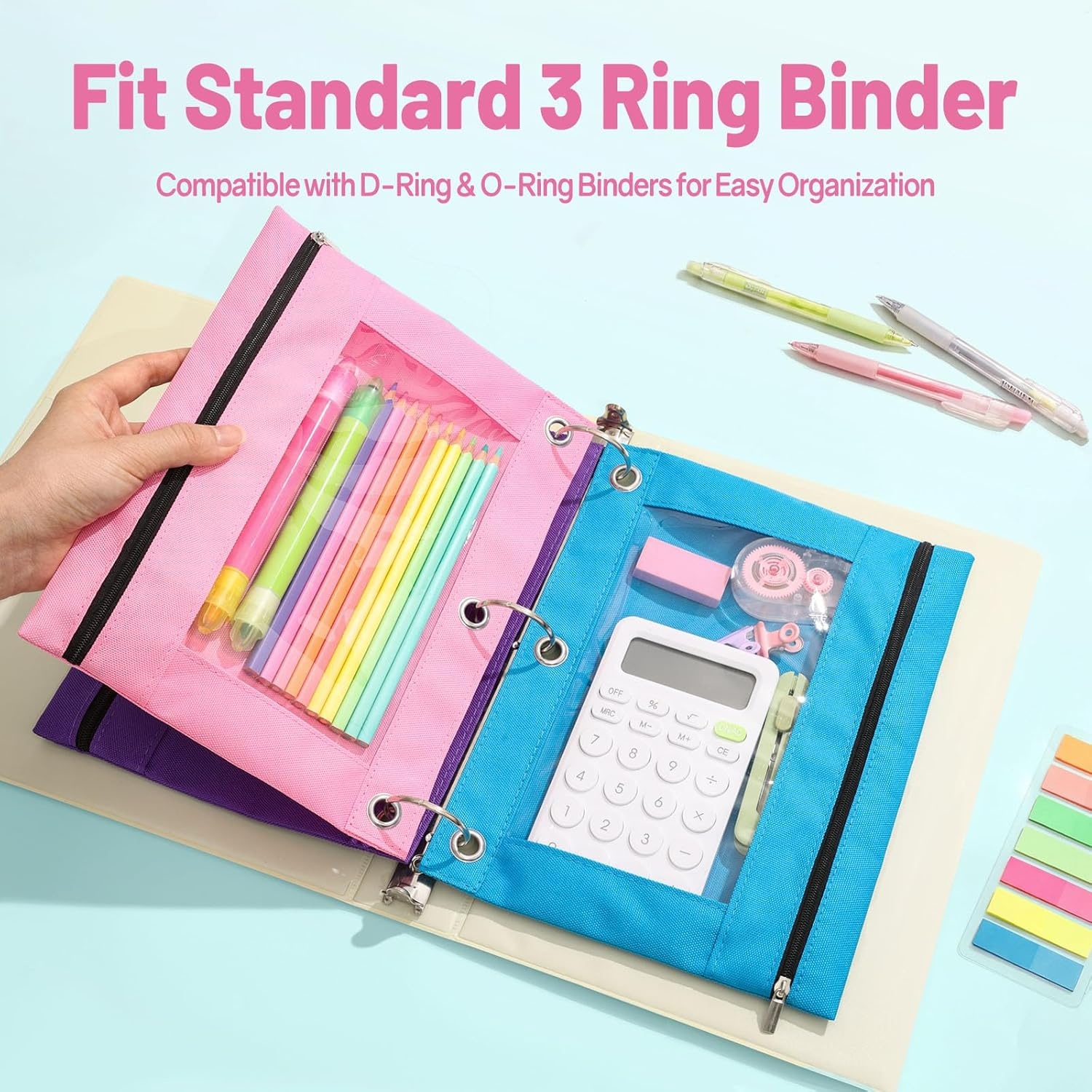 image:imageSUNEE Pencil Pouch for 3 Ring Binder Pencil Bag for Binder with Zippers Black Pencil Case for Students Organizer BlackMulticolor