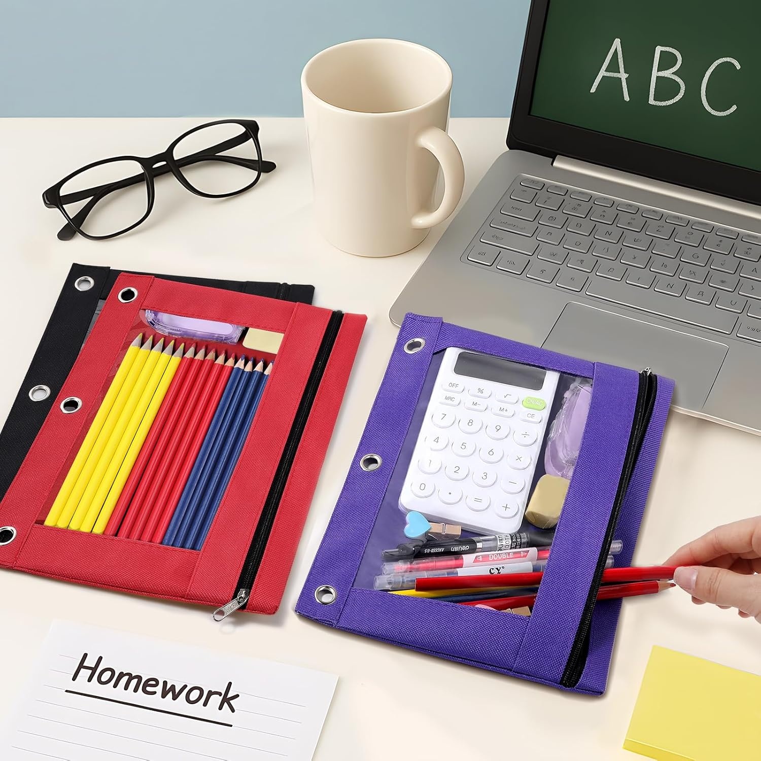 image:imageSUNEE Pencil Pouch for 3 Ring Binder Pencil Bag for Binder with Zippers Black Pencil Case for Students Organizer BlackPink