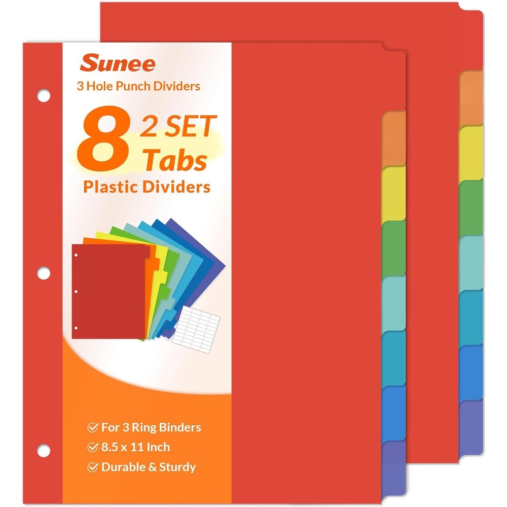 image:imageSUNEE 8 Tab Binder DividersPlastic Dividers for 3 Ring Binder3 Ring Binder Dividers with Tabs for School Office Home SuppliesBright Color 2 Set2