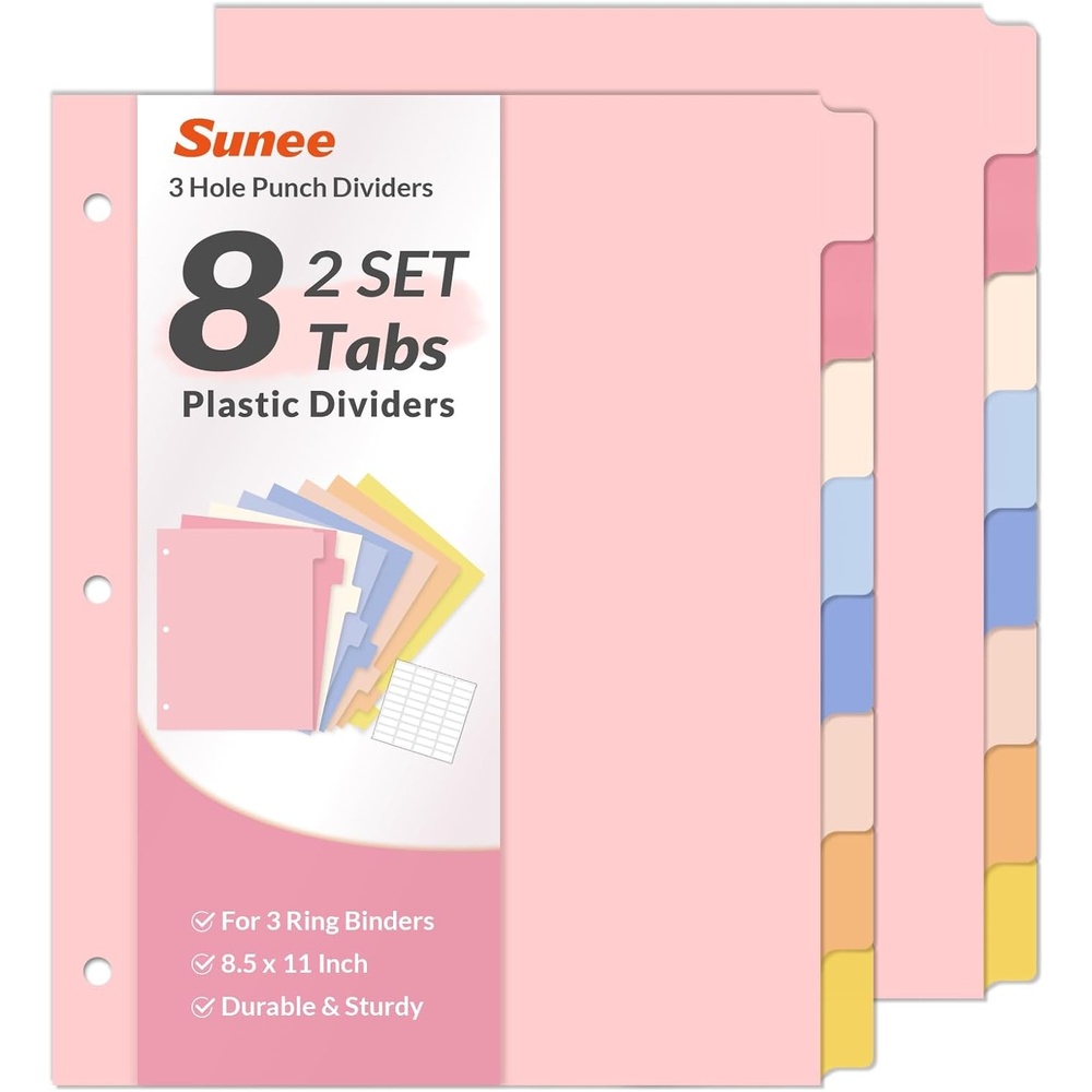 image:imageSUNEE 8 Tab Binder DividersPlastic Dividers for 3 Ring Binder3 Ring Binder Dividers with Tabs for School Office Home SuppliesPastel Color 5 Set2