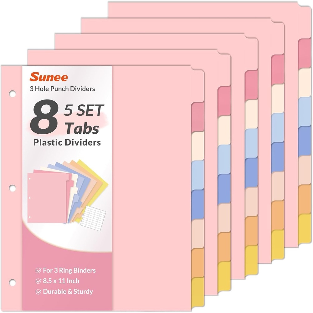 image:imageSUNEE 8 Tab Binder DividersPlastic Dividers for 3 Ring Binder3 Ring Binder Dividers with Tabs for School Office Home SuppliesPastel Color 5 Set5