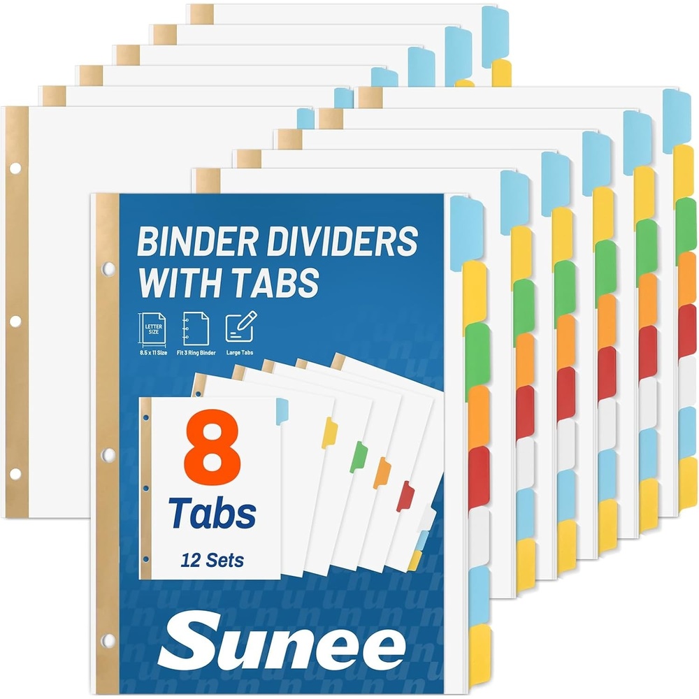 image:imageSUNEE Binder Dividers with Tabs for 3 Ring Binder 85 x 11 Paper White Binder Dividers Blank with 8 Tabs 4 Sets Page Dividers for School Office and Home 32 Dividers8 Color Tab 12 Set