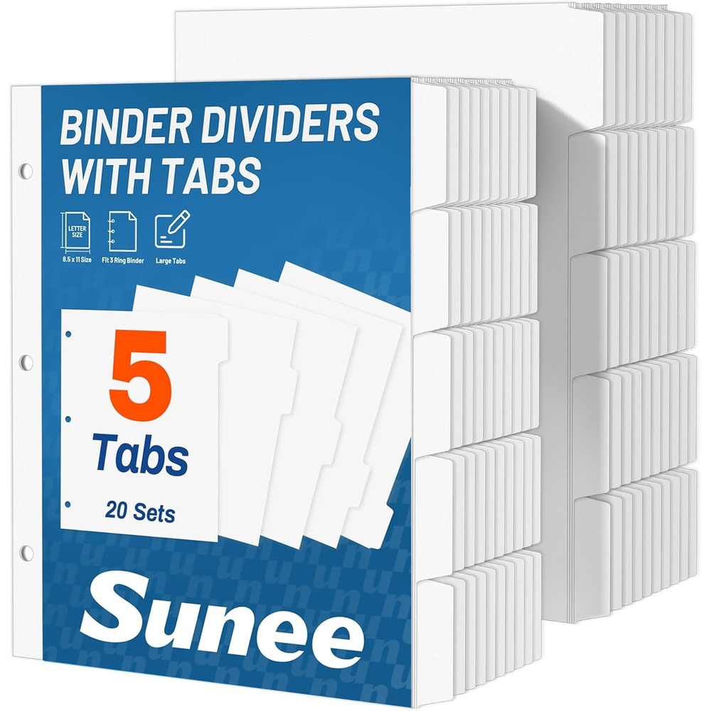 image:imageSUNEE Binder Dividers with Tabs for 3 Ring Binder 85 x 11 Paper White Binder Dividers Blank with 8 Tabs 4 Sets Page Dividers for School Office and Home 32 Dividers5 Tab 20 Set