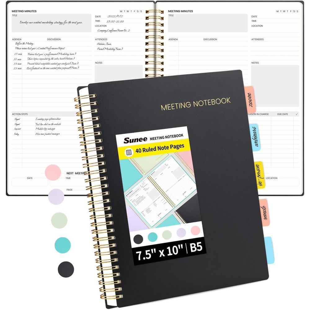 image:imageSUNEE Meeting Notebook for Work with Action Items 160 Pages A4 Size Project Planner Spiral Meeting AgendaMinutes Notebook Organizer for Women Men Note Taking Office amp Business 85x11 PurpleBlack