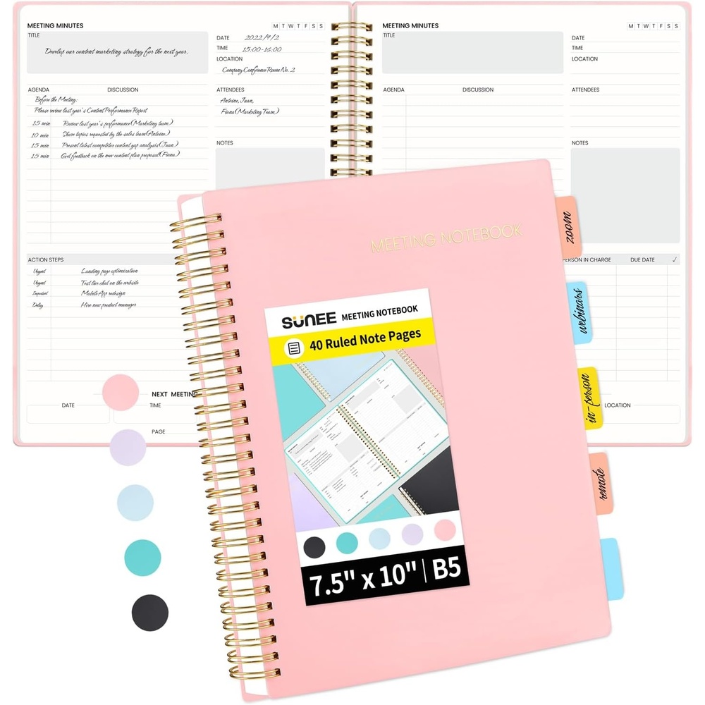 image:imageSUNEE Meeting Notebook for Work with Action Items 160 Pages A4 Size Project Planner Spiral Meeting AgendaMinutes Notebook Organizer for Women Men Note Taking Office amp Business 85x11 PurplePink