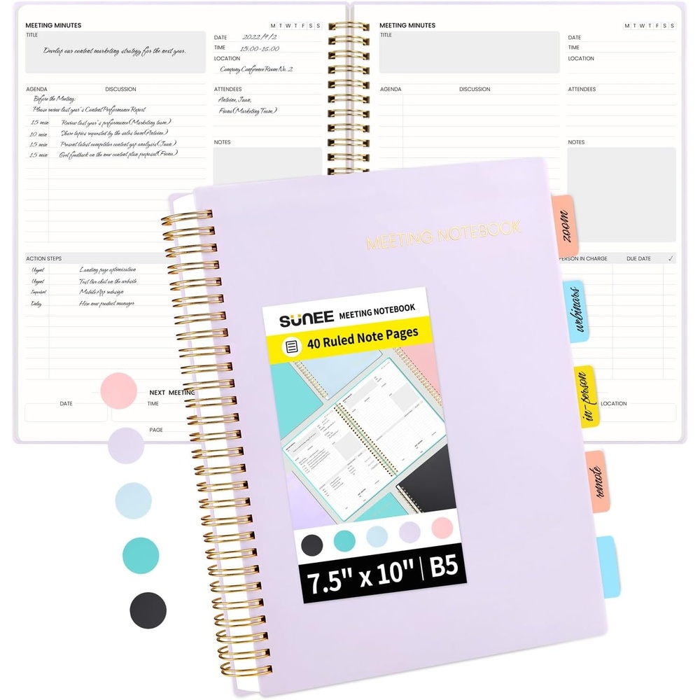 image:imageSUNEE Meeting Notebook for Work with Action Items 160 Pages A4 Size Project Planner Spiral Meeting AgendaMinutes Notebook Organizer for Women Men Note Taking Office amp Business 85x11 PurplePurple