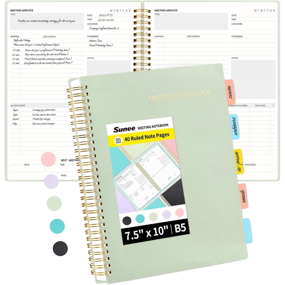 image:imageSUNEE Meeting Notebook for Work with Action Items 160 Pages A4 Size Project Planner Spiral Meeting AgendaMinutes Notebook Organizer for Women Men Note Taking Office amp Business 85x11 PurpleSage Green