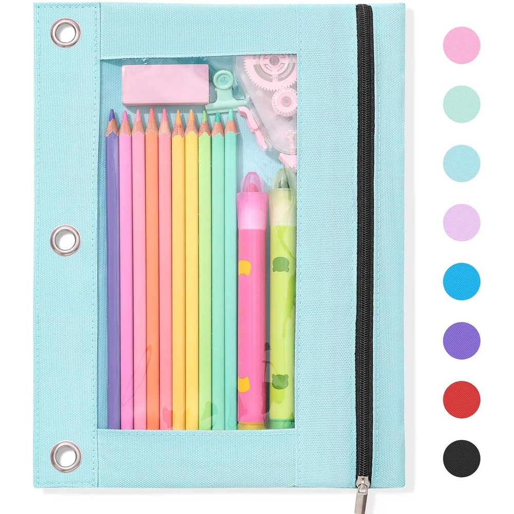 image:imageSUNEE Pencil Pouch for 3 Ring Binder Pencil Bag for Binder with Zippers Black Pencil Case for Students Organizer BlackLight Blue