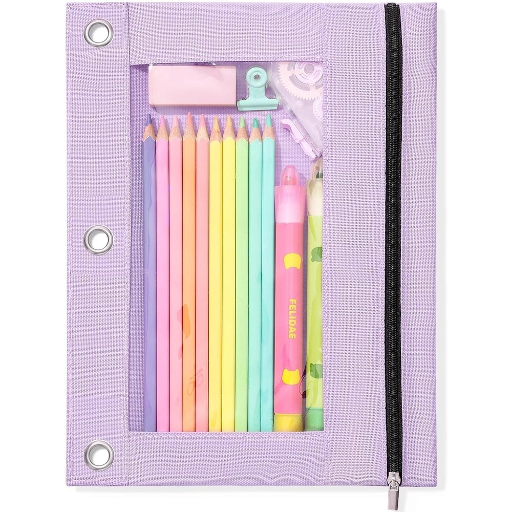 image:imageSUNEE Pencil Pouch for 3 Ring Binder Pencil Bag for Binder with Zippers Black Pencil Case for Students Organizer BlackLight Purple