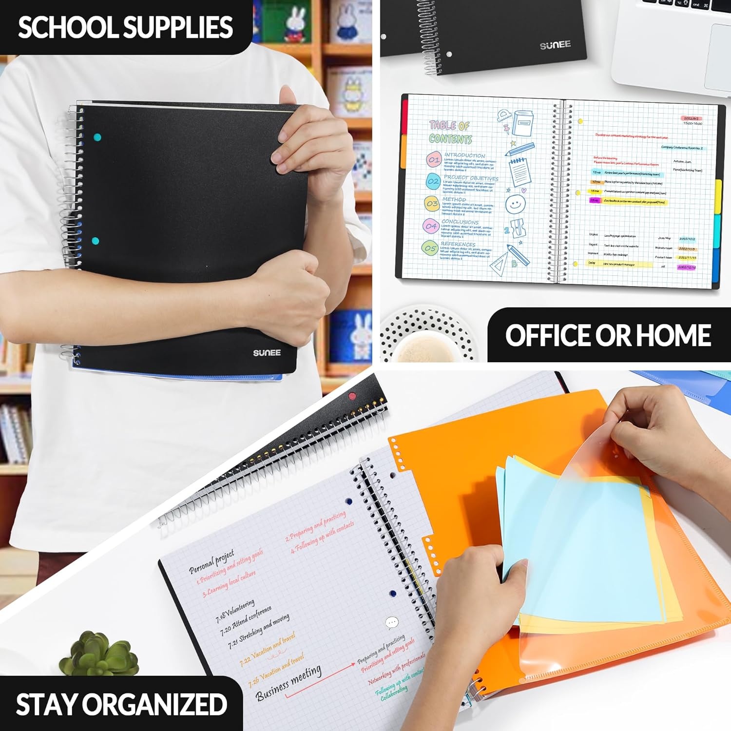 image:imageSUNEE 5 Subject Notebook College Ruled 400 Pages 9x11 5 Pocket Colored Dividers 3Hole Punched Paper PinkBlack