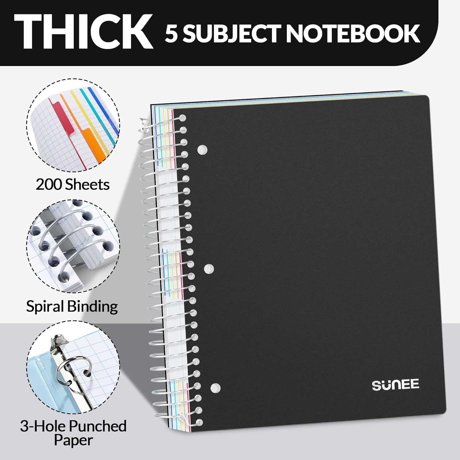 image:imageSUNEE 5 Subject Notebook College Ruled 400 Pages 9x11 5 Pocket Colored Dividers 3Hole Punched Paper PinkBlack
