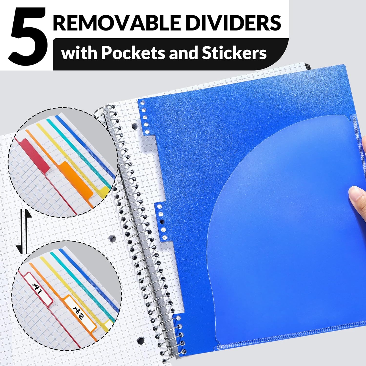 image:imageSUNEE 5 Subject Notebook College Ruled 400 Pages 9x11 5 Pocket Colored Dividers 3Hole Punched Paper PinkBlack