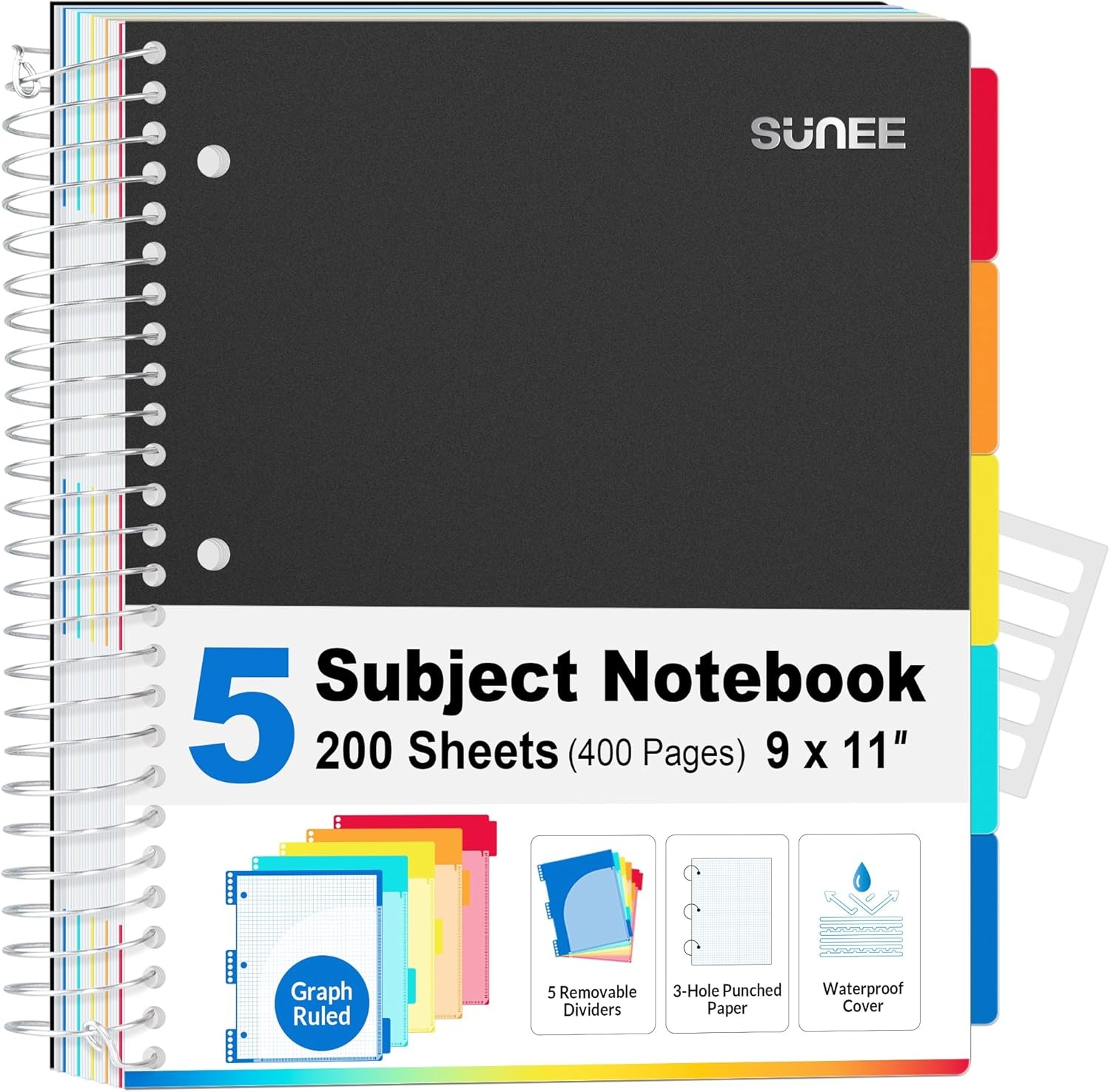 image:imageSUNEE 5 Subject Notebook College Ruled 400 Pages 9x11 5 Pocket Colored Dividers 3Hole Punched Paper PinkBlack