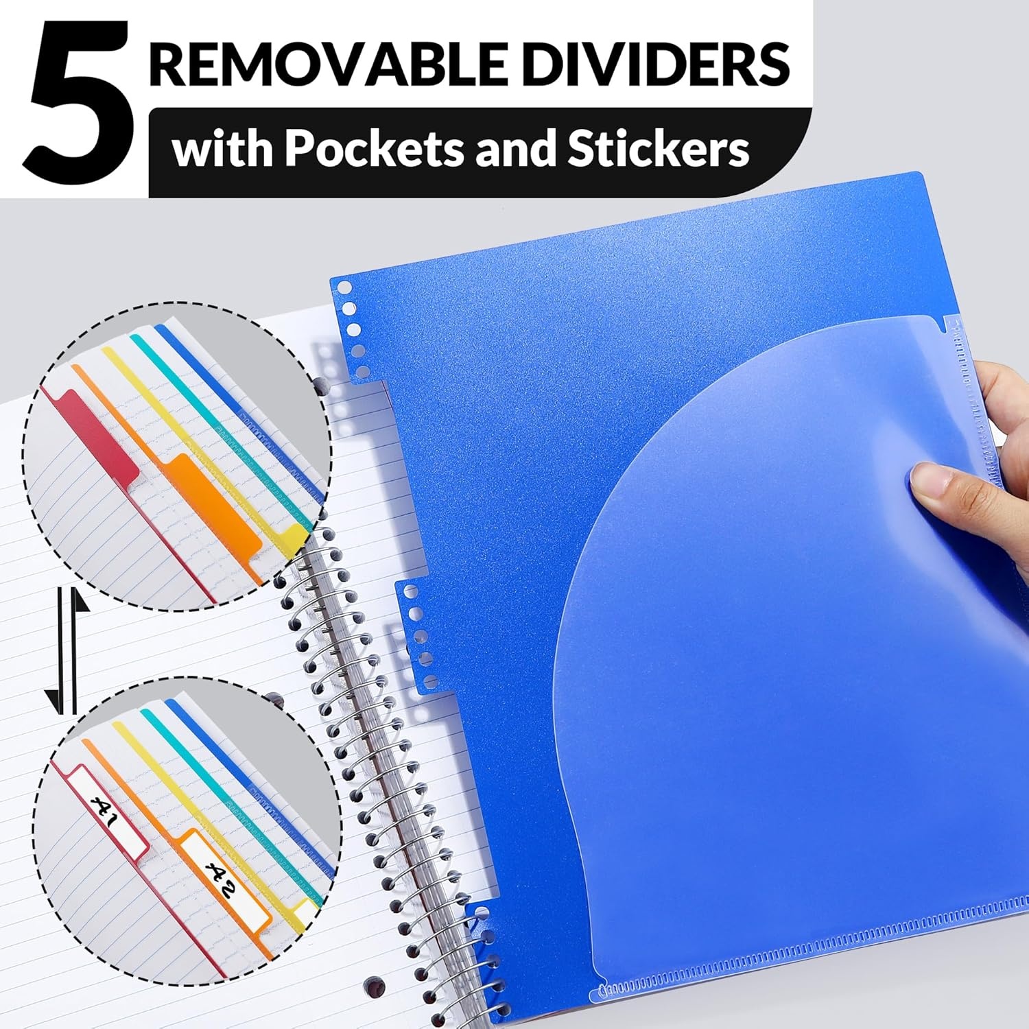 image:imageSUNEE 5 Subject Notebook College Ruled 400 Pages 9x11 5 Pocket Colored Dividers 3Hole Punched Paper PinkBlack