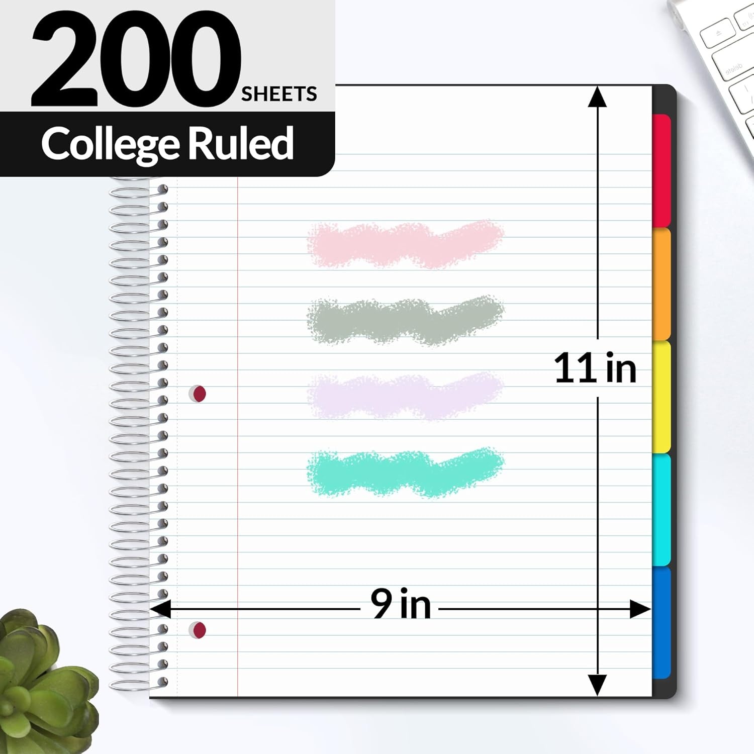 image:imageSUNEE 5 Subject Notebook College Ruled 400 Pages 9x11 5 Pocket Colored Dividers 3Hole Punched Paper PinkBlack