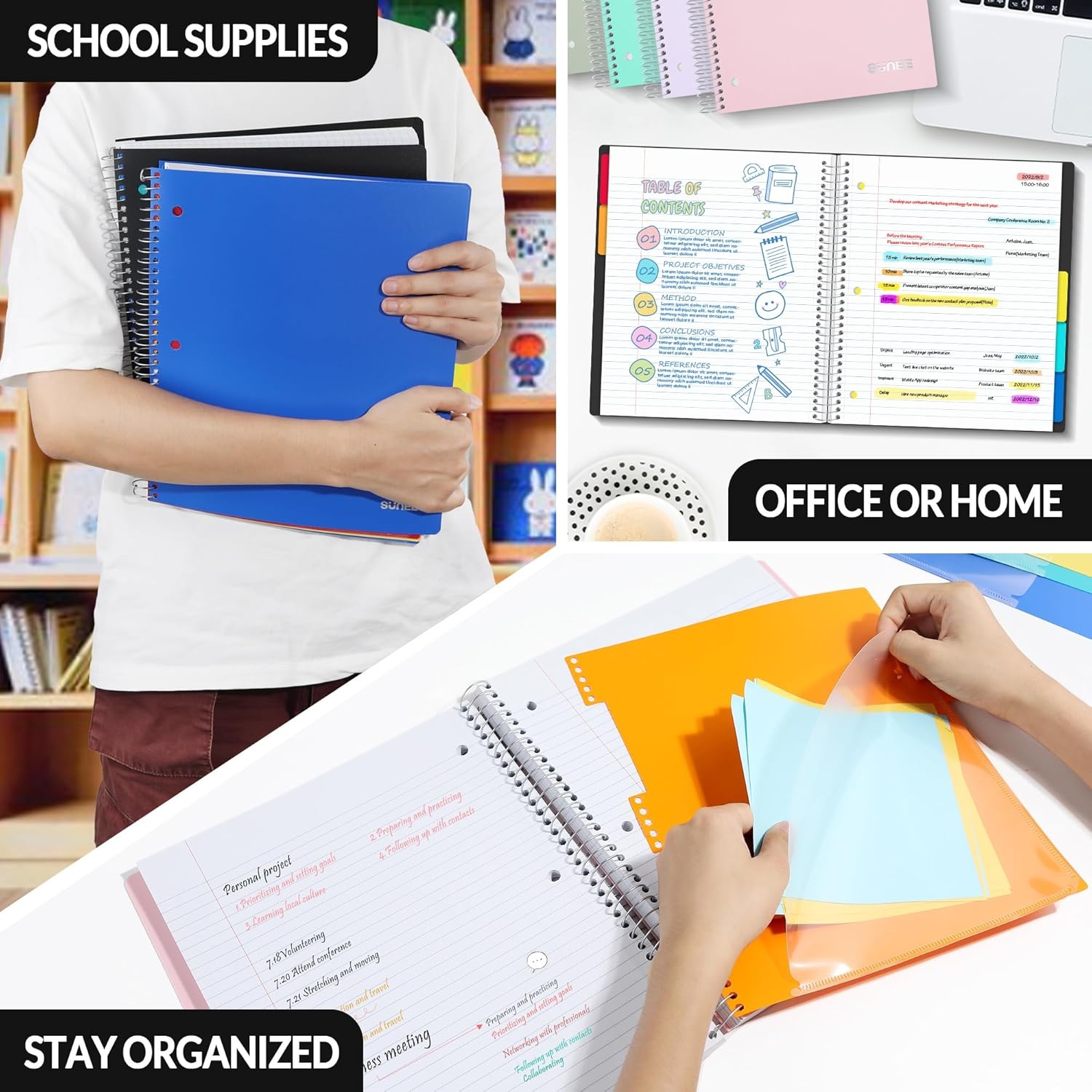 image:imageSUNEE 5 Subject Notebook College Ruled 400 Pages 9x11 5 Pocket Colored Dividers 3Hole Punched Paper PinkBlack