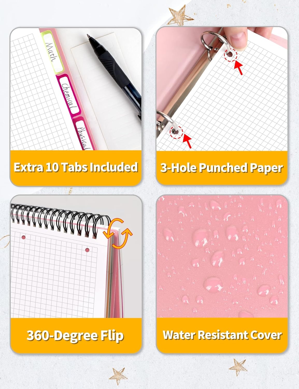 image:imageSUNEE 5 Subject Notebook College Ruled 400 Pages 9x11 5 Pocket Colored Dividers 3Hole Punched Paper PinkPink