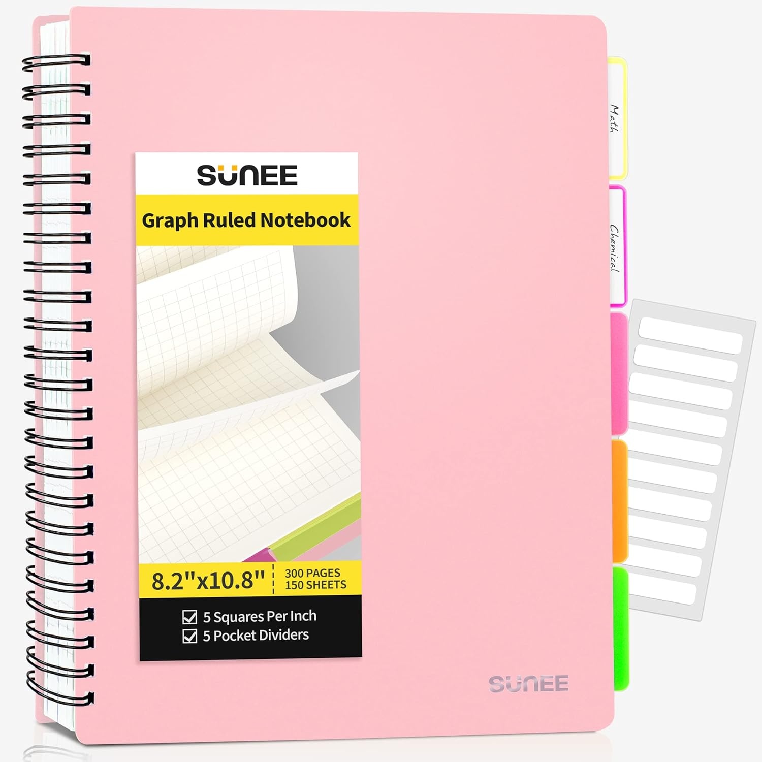 image:imageSUNEE 5 Subject Notebook College Ruled 400 Pages 9x11 5 Pocket Colored Dividers 3Hole Punched Paper PinkPink