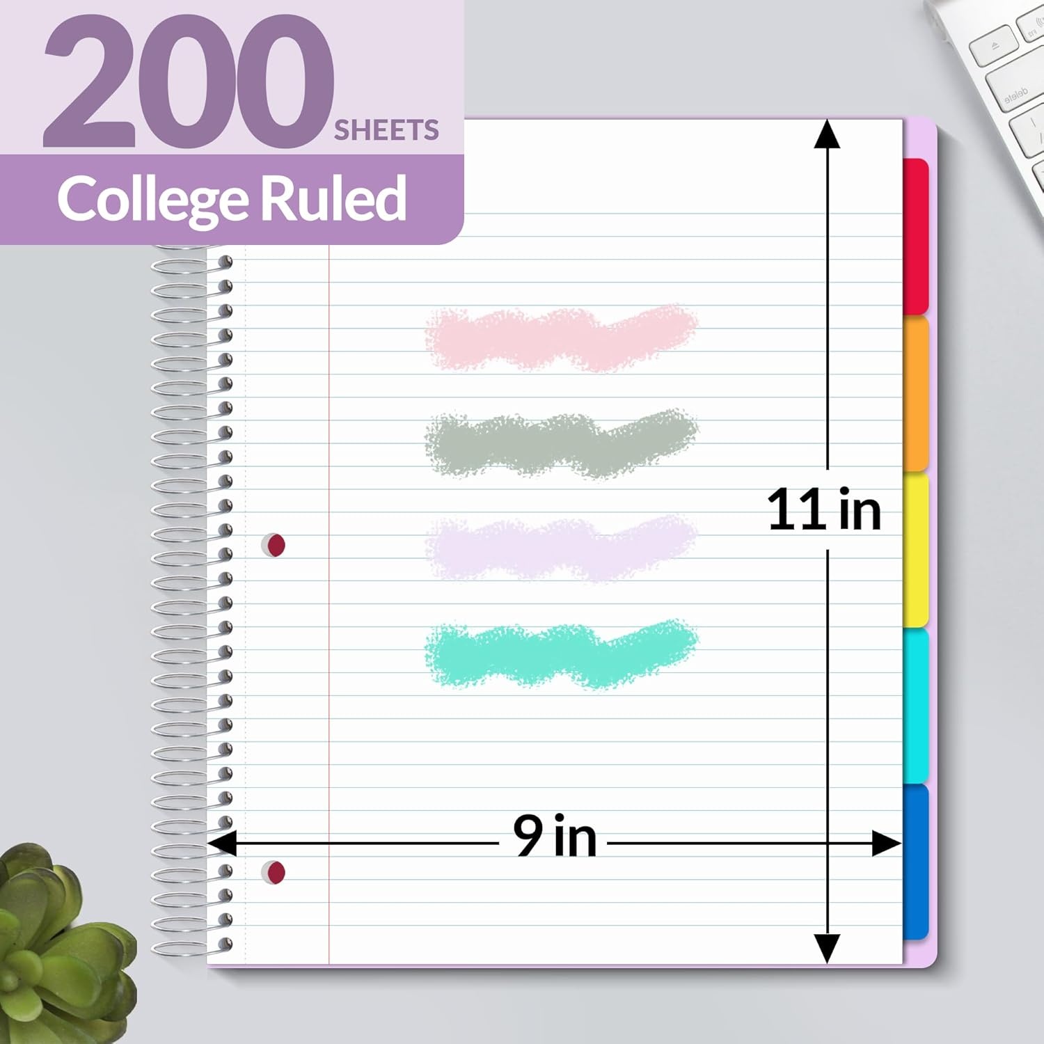 image:imageSUNEE 5 Subject Notebook College Ruled 400 Pages 9x11 5 Pocket Colored Dividers 3Hole Punched Paper PinkPurple