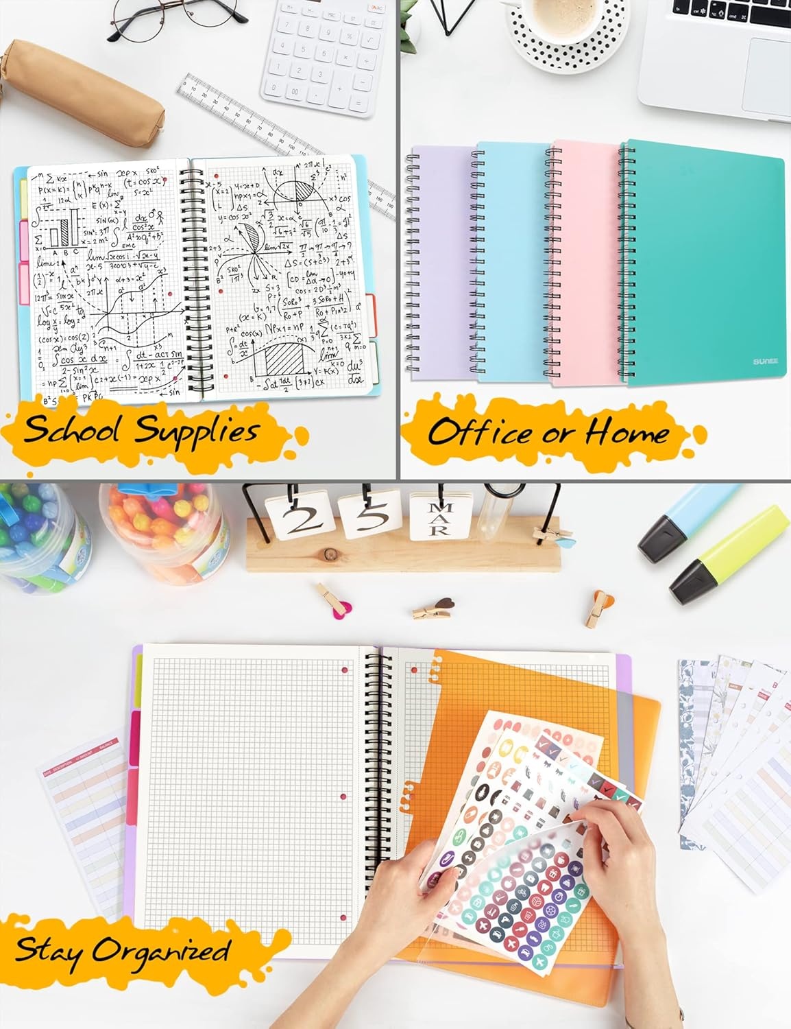 image:imageSUNEE 5 Subject Notebook College Ruled 400 Pages 9x11 5 Pocket Colored Dividers 3Hole Punched Paper PinkPurple