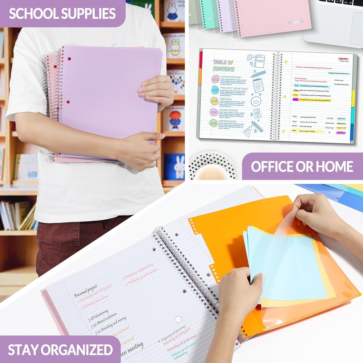 image:imageSUNEE 5 Subject Notebook College Ruled 400 Pages 9x11 5 Pocket Colored Dividers 3Hole Punched Paper PinkPurple