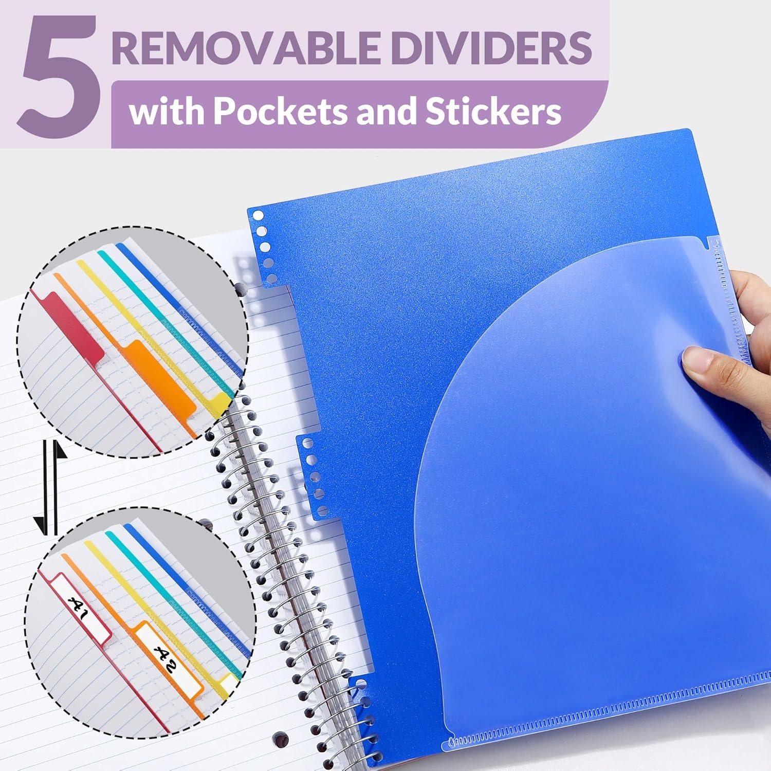image:imageSUNEE 5 Subject Notebook College Ruled 400 Pages 9x11 5 Pocket Colored Dividers 3Hole Punched Paper PinkPurple