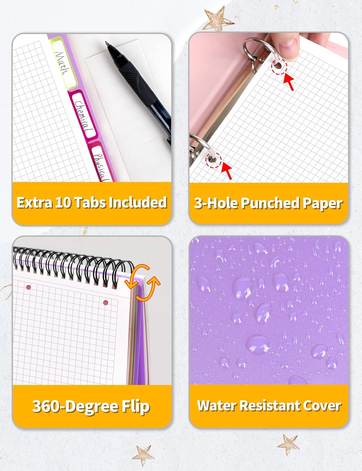 image:imageSUNEE 5 Subject Notebook College Ruled 400 Pages 9x11 5 Pocket Colored Dividers 3Hole Punched Paper PinkPurple