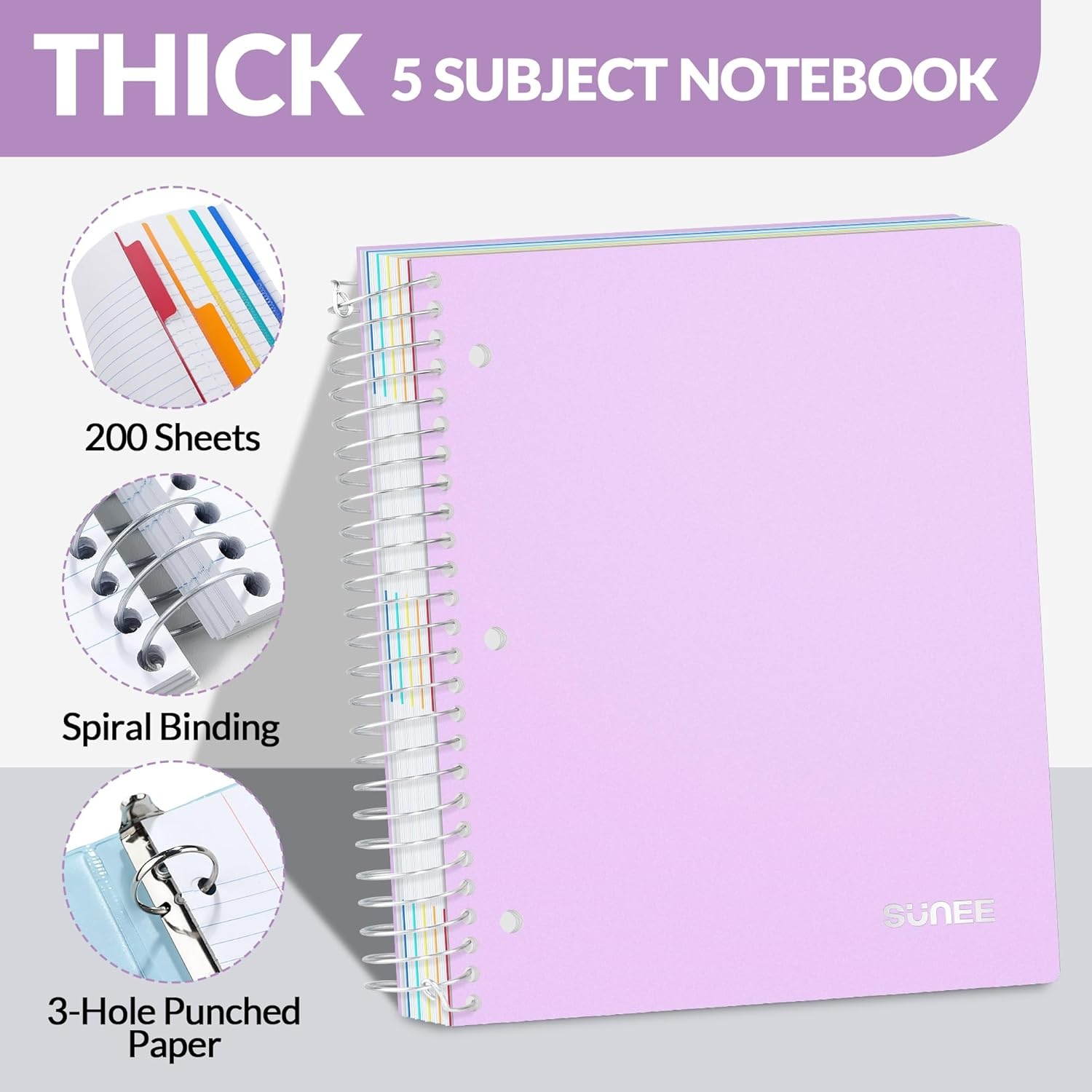 image:imageSUNEE 5 Subject Notebook College Ruled 400 Pages 9x11 5 Pocket Colored Dividers 3Hole Punched Paper PinkPurple