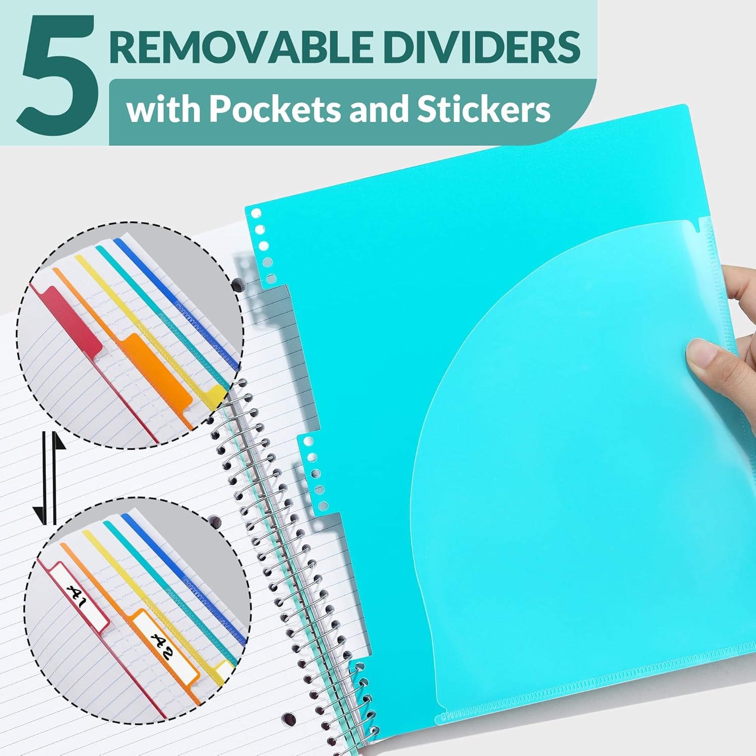 image:imageSUNEE 5 Subject Notebook College Ruled 400 Pages 9x11 5 Pocket Colored Dividers 3Hole Punched Paper PinkTeal
