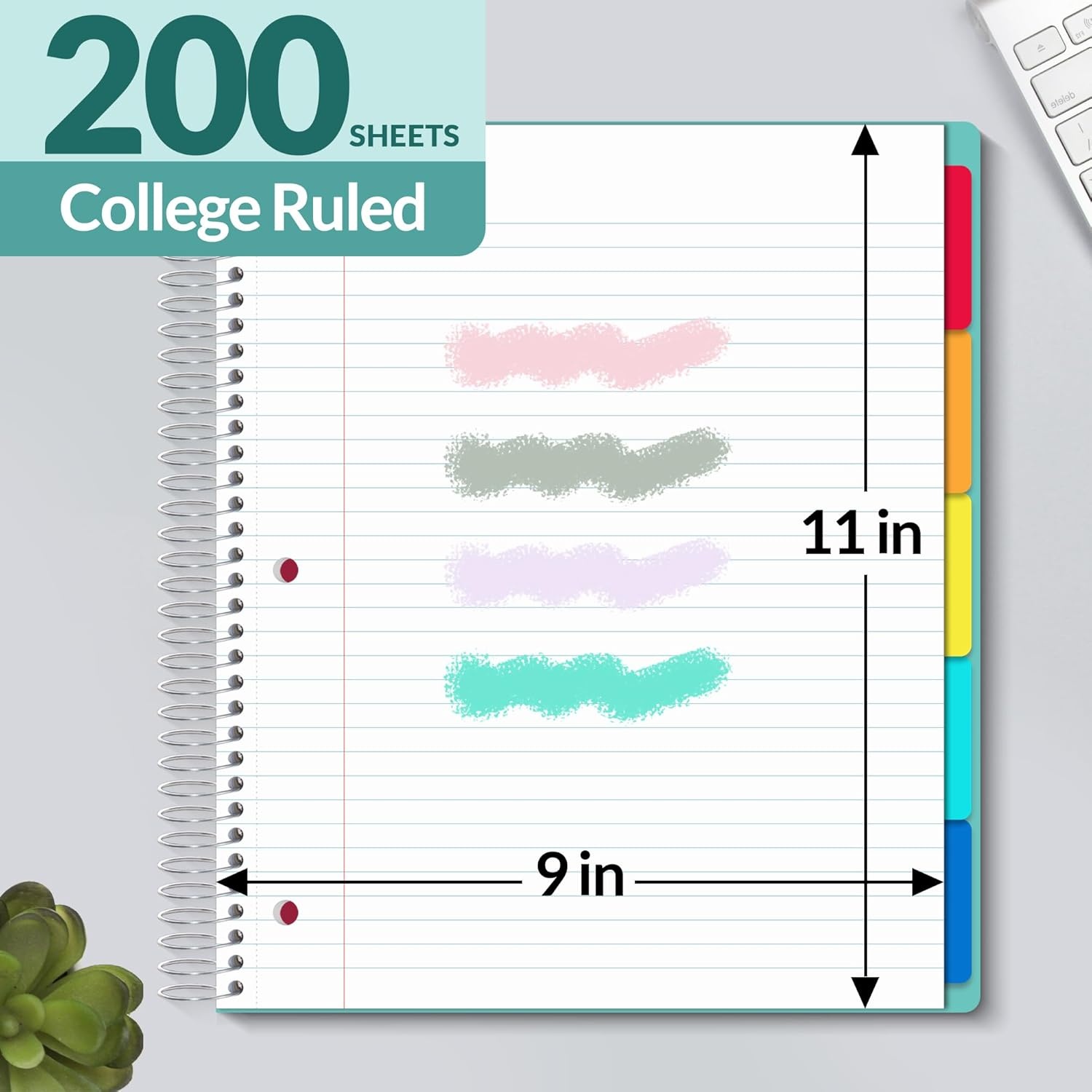 image:imageSUNEE 5 Subject Notebook College Ruled 400 Pages 9x11 5 Pocket Colored Dividers 3Hole Punched Paper PinkTeal