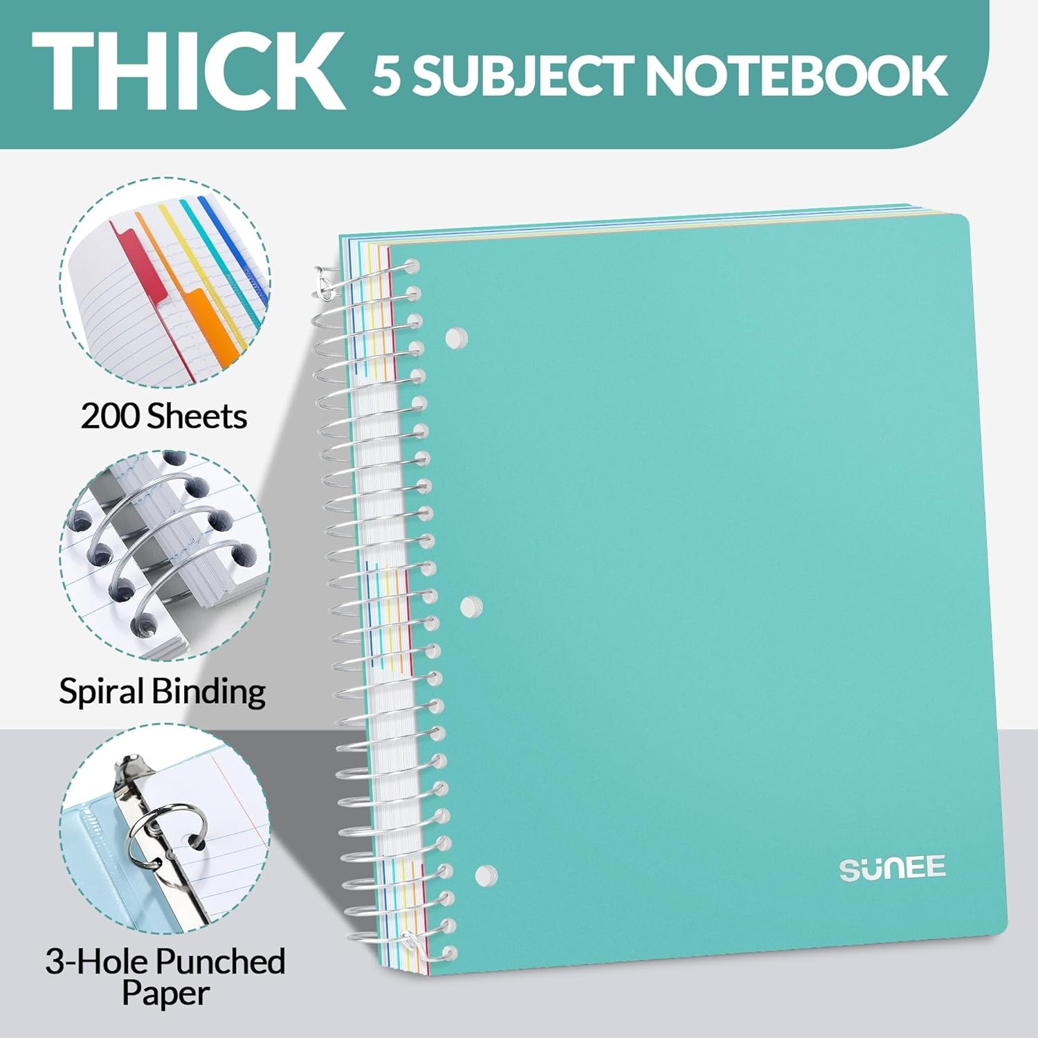 image:imageSUNEE 5 Subject Notebook College Ruled 400 Pages 9x11 5 Pocket Colored Dividers 3Hole Punched Paper PinkTeal