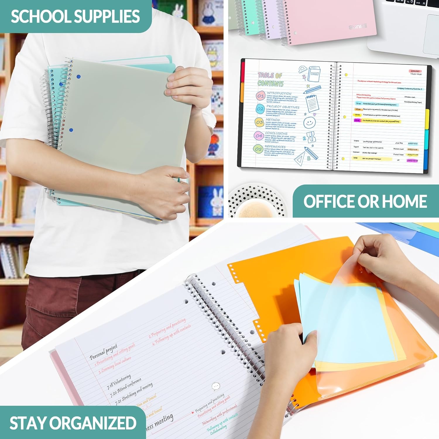 image:imageSUNEE 5 Subject Notebook College Ruled 400 Pages 9x11 5 Pocket Colored Dividers 3Hole Punched Paper PinkTeal