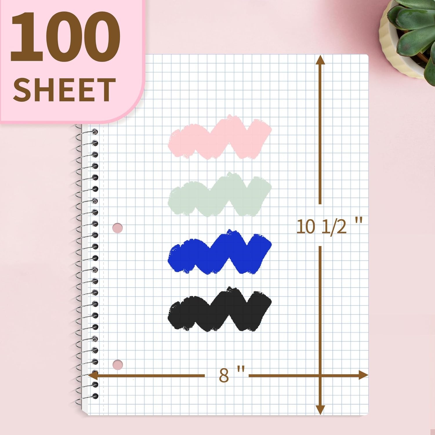 image:imageSUNEE Spiral Notebook 1Subject Graph Ruled Paper 8 x 1012 100 Sheets per Notebook 3Hole Punched Paper Water Resistant Cover Spiral Grid Notebooks for Work Home School Writing BlackPink
