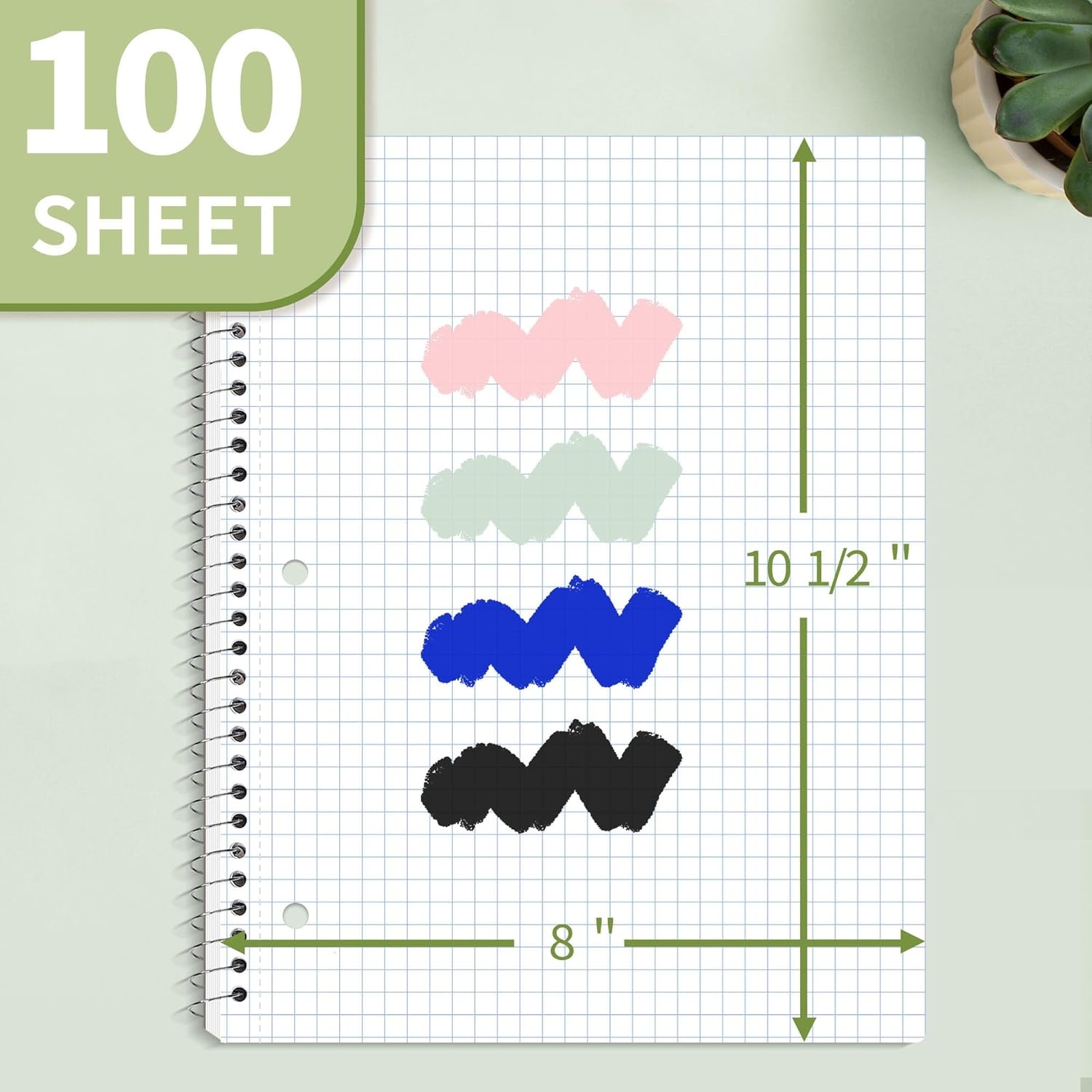 image:imageSUNEE Spiral Notebook 1Subject Graph Ruled Paper 8 x 1012 100 Sheets per Notebook 3Hole Punched Paper Water Resistant Cover Spiral Grid Notebooks for Work Home School Writing BlackGreen