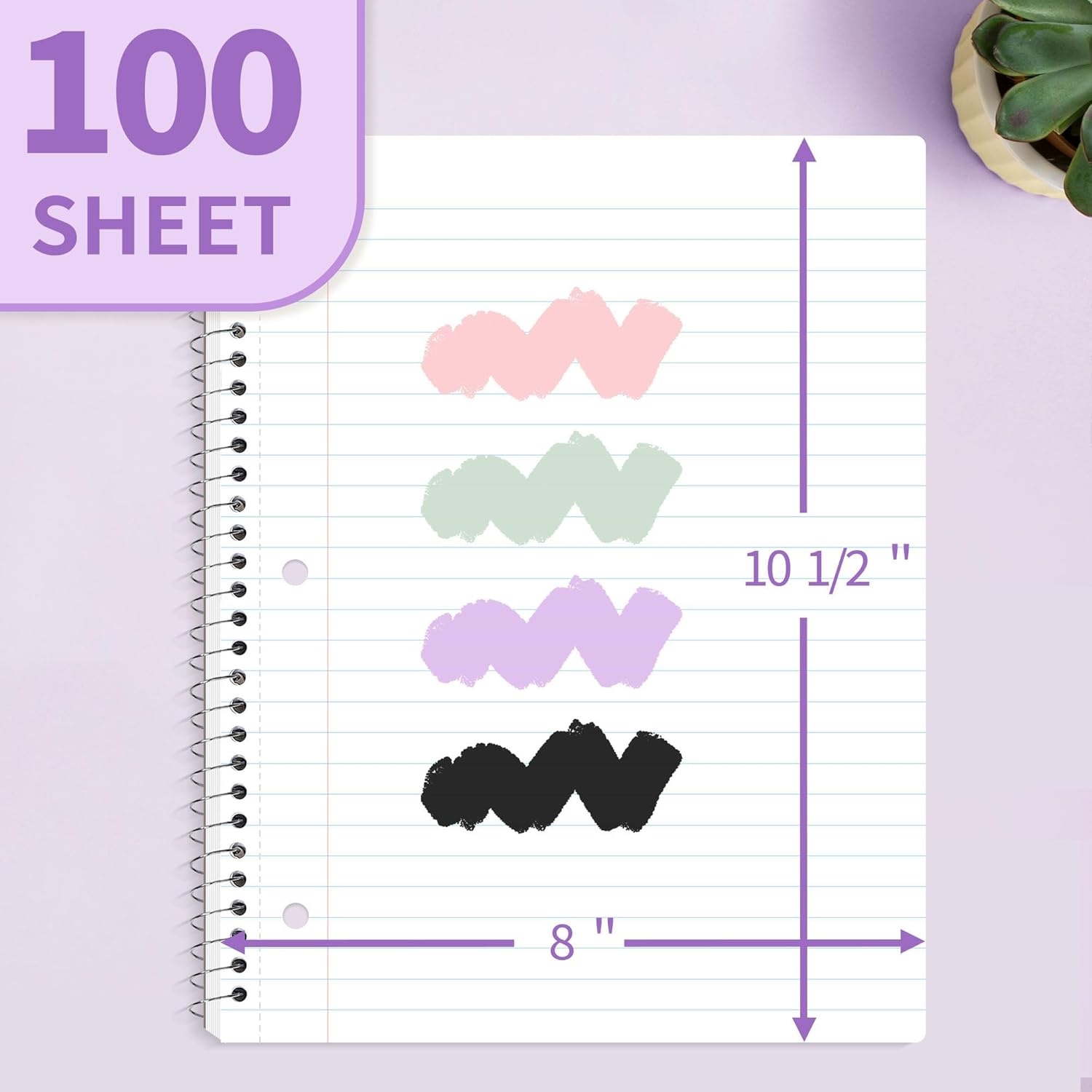 image:imageSUNEE Spiral Notebook 1Subject Wide Ruled Paper 8 x 1012 100 Sheets per Notebook 3Hole Punched Paper Water Resistant Cover Doublesided Pockets Spiral Lined Notebooks for School GreenPurple
