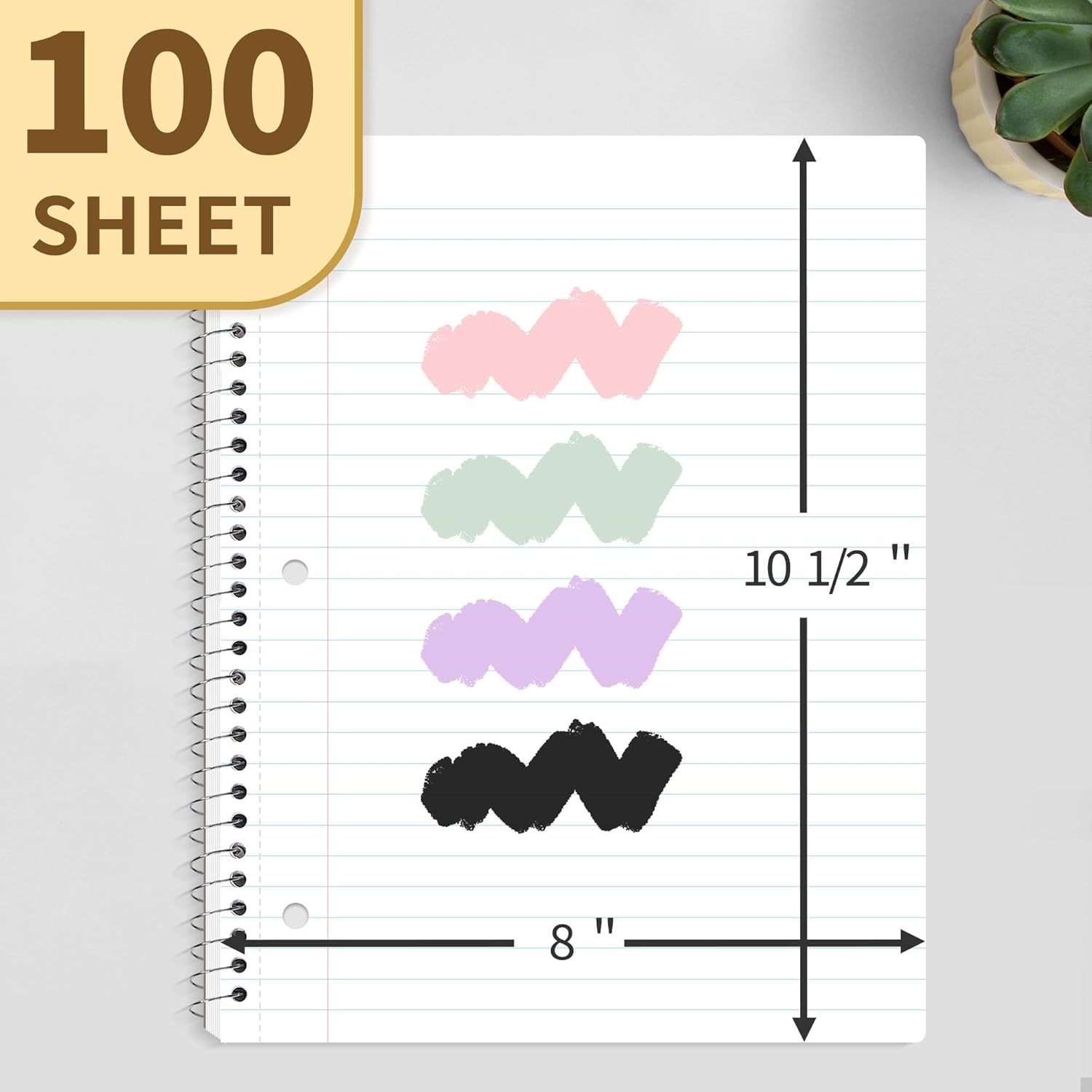 image:imageSUNEE Spiral Notebook 1Subject Wide Ruled Paper 8 x 1012 100 Sheets per Notebook 3Hole Punched Paper Water Resistant Cover Doublesided Pockets Spiral Lined Notebooks for School GreenBlack