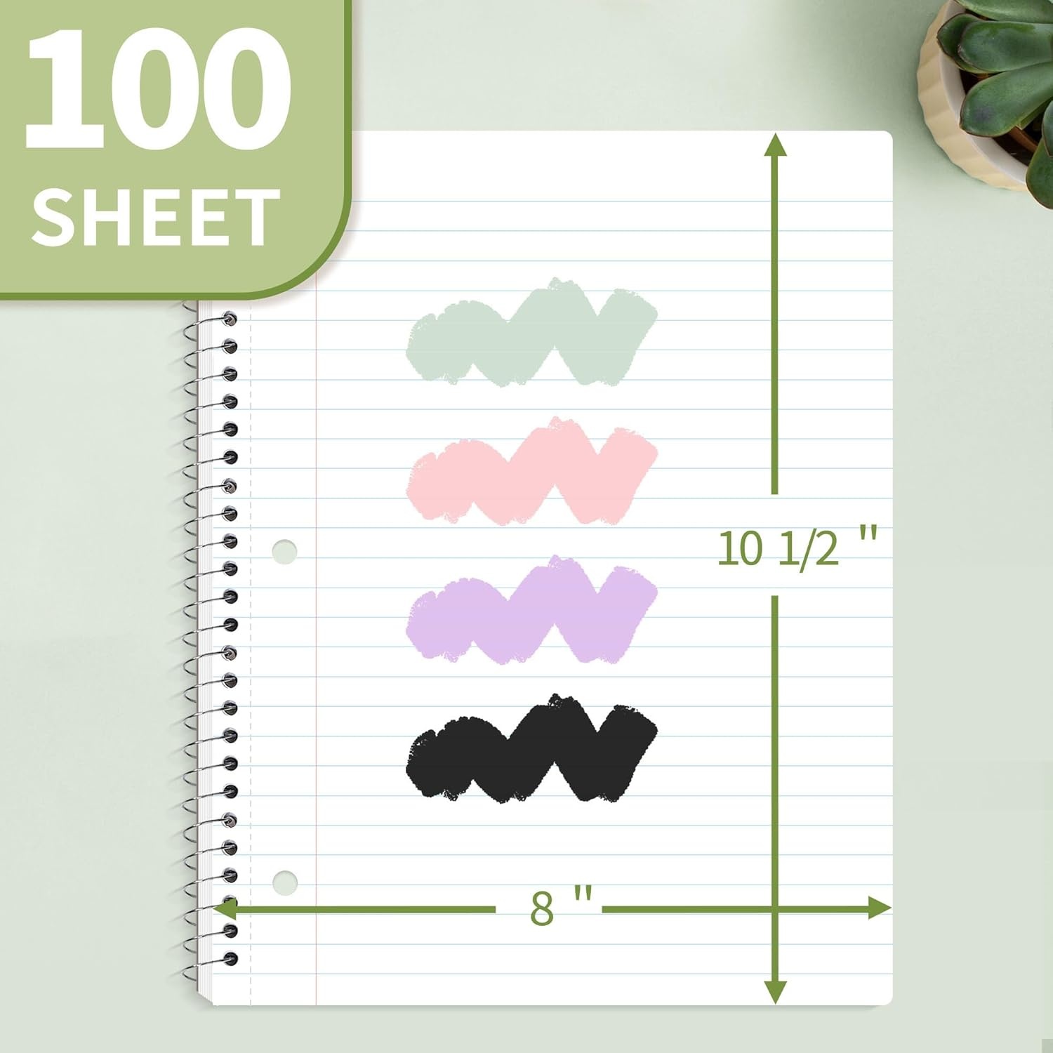 image:imageSUNEE Spiral Notebook 1Subject Wide Ruled Paper 8 x 1012 100 Sheets per Notebook 3Hole Punched Paper Water Resistant Cover Doublesided Pockets Spiral Lined Notebooks for School GreenGreen
