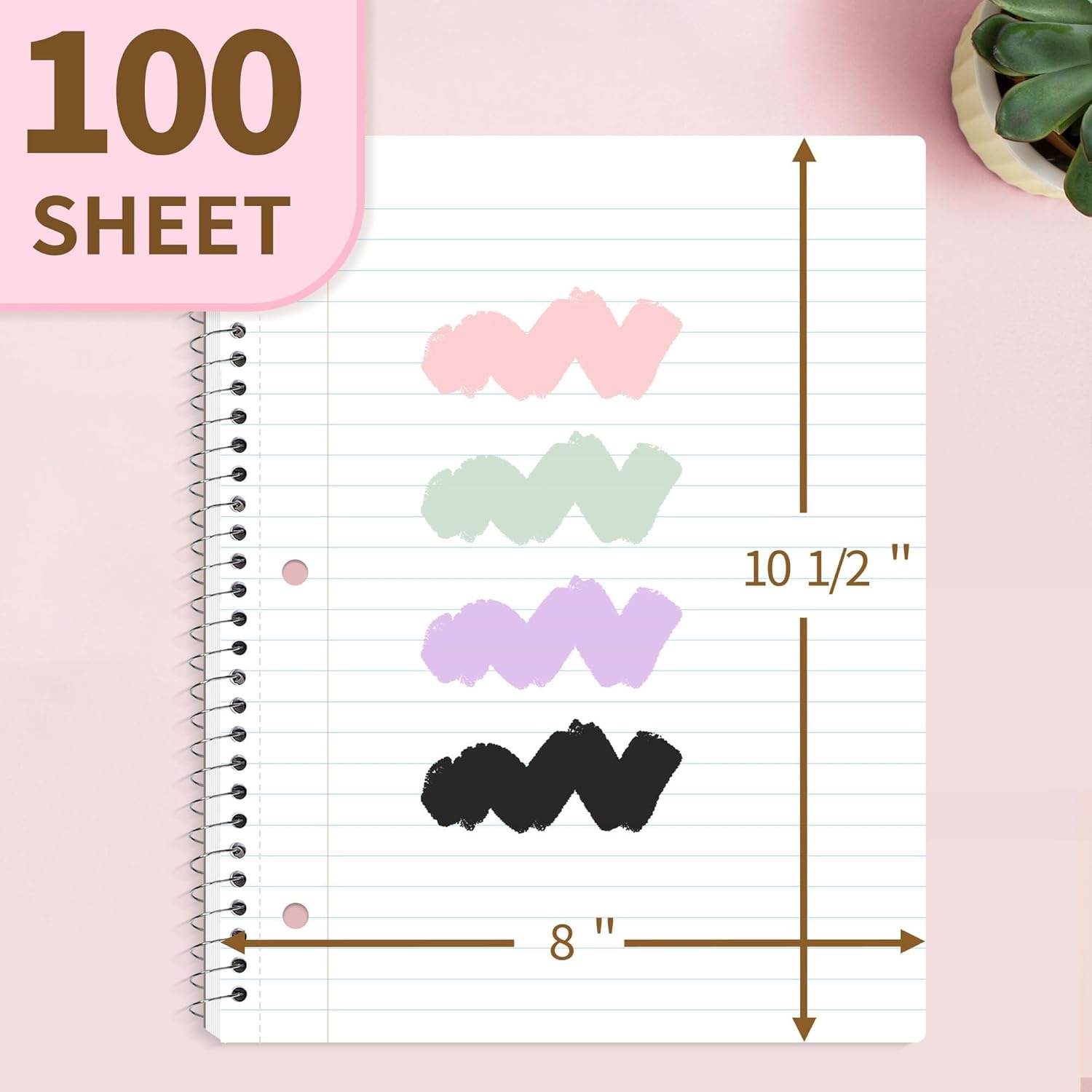 image:imageSUNEE Spiral Notebook 1Subject Wide Ruled Paper 8 x 1012 100 Sheets per Notebook 3Hole Punched Paper Water Resistant Cover Doublesided Pockets Spiral Lined Notebooks for School GreenPink
