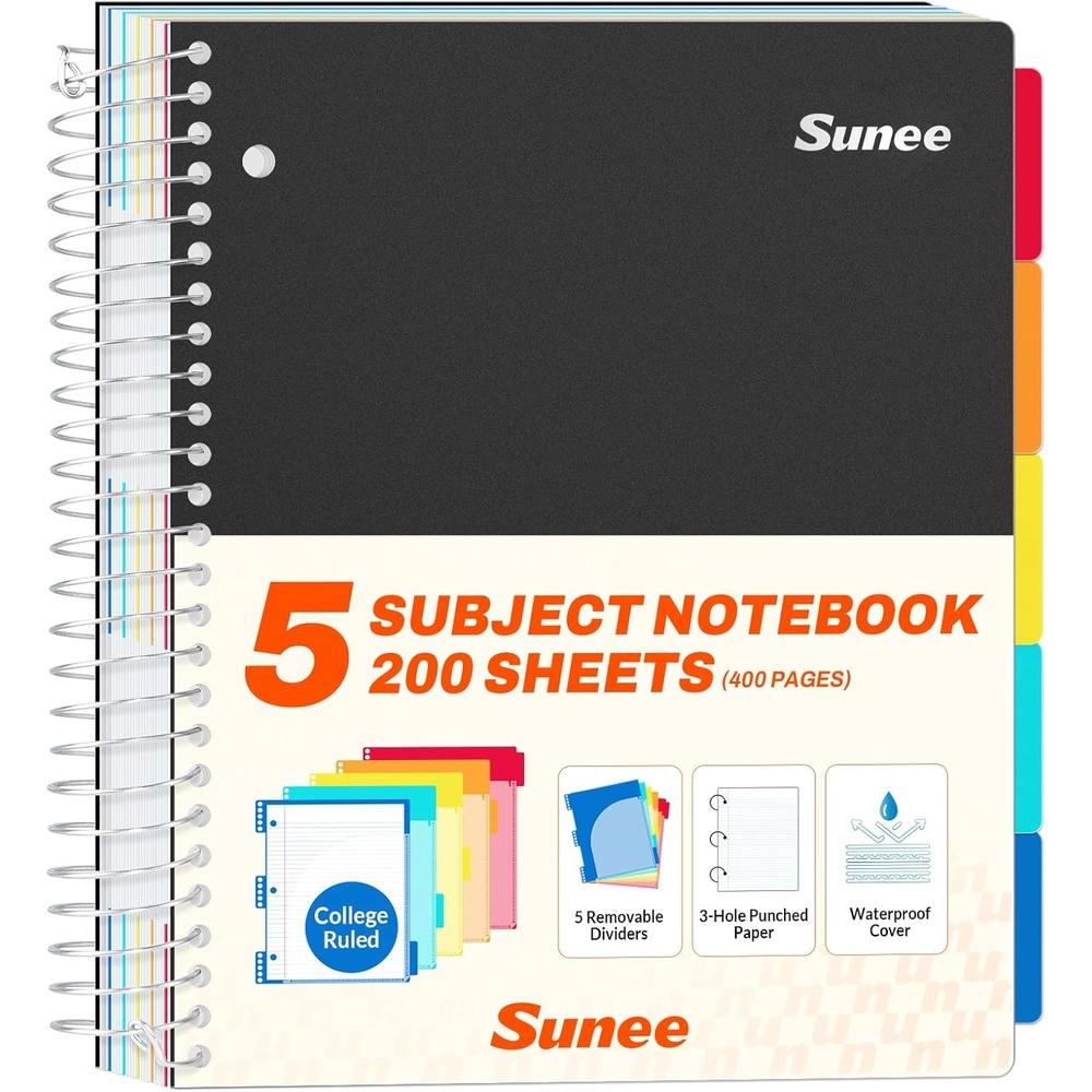 image:imageSUNEE 5 Subject Notebook College Ruled 400 Pages 9x11 5 Pocket Colored Dividers 3Hole Punched Paper PinkBlack