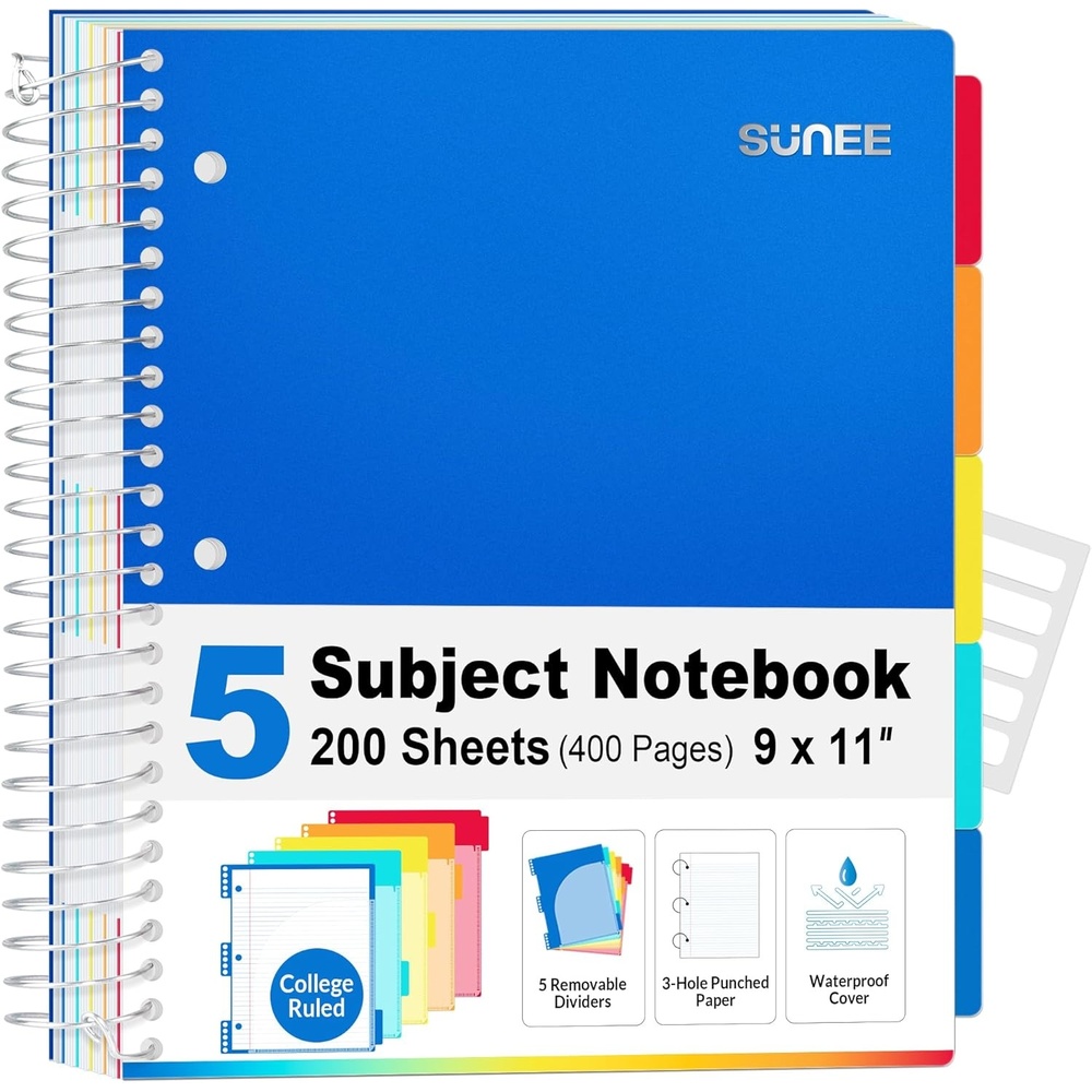 image:imageSUNEE 5 Subject Notebook College Ruled 400 Pages 9x11 5 Pocket Colored Dividers 3Hole Punched Paper PinkBlue