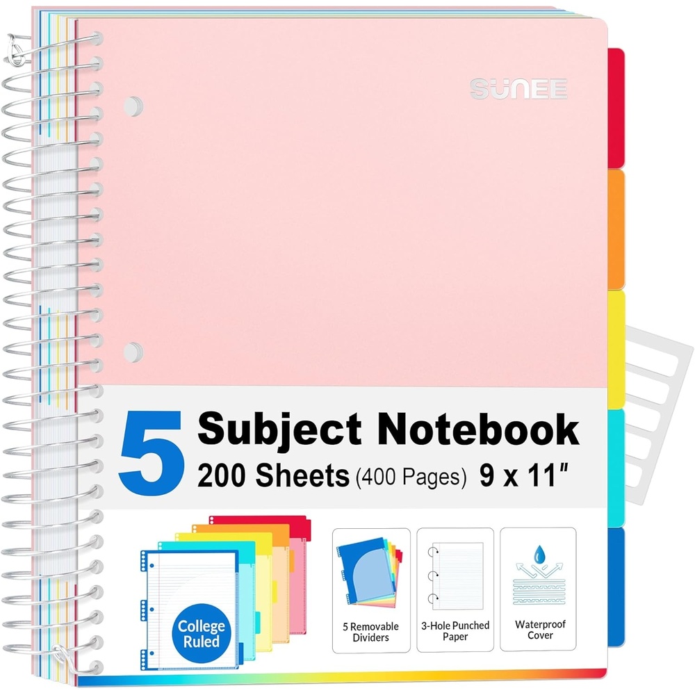 image:imageSUNEE 5 Subject Notebook College Ruled 400 Pages 9x11 5 Pocket Colored Dividers 3Hole Punched Paper PinkPink