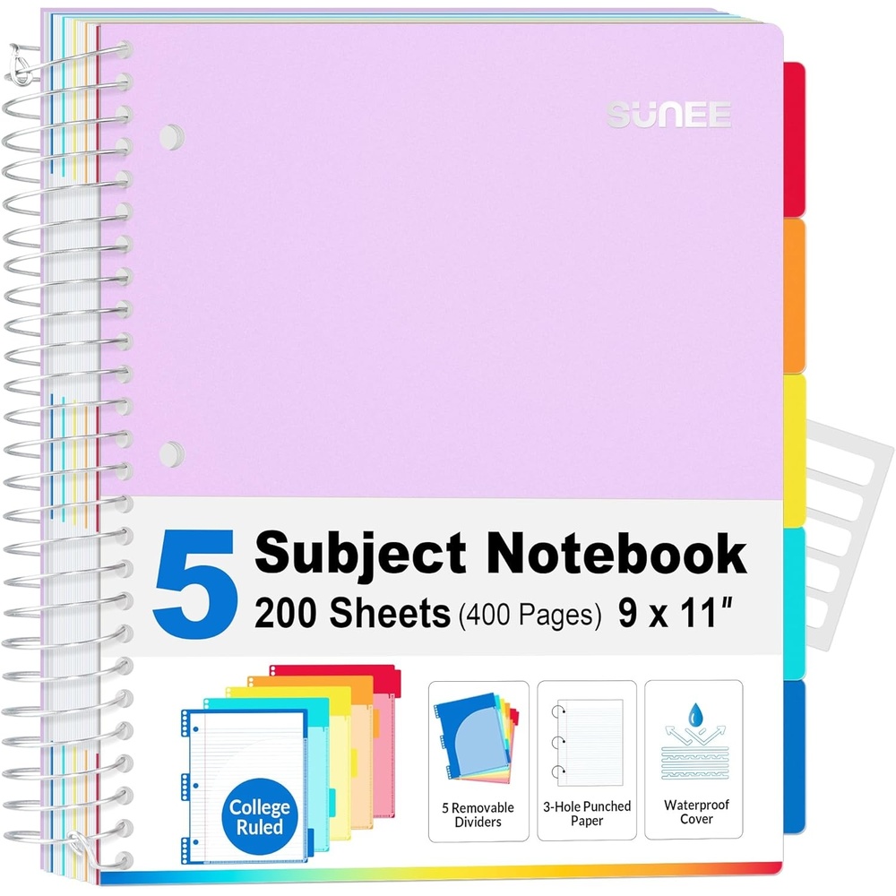 image:imageSUNEE 5 Subject Notebook College Ruled 400 Pages 9x11 5 Pocket Colored Dividers 3Hole Punched Paper PinkPurple