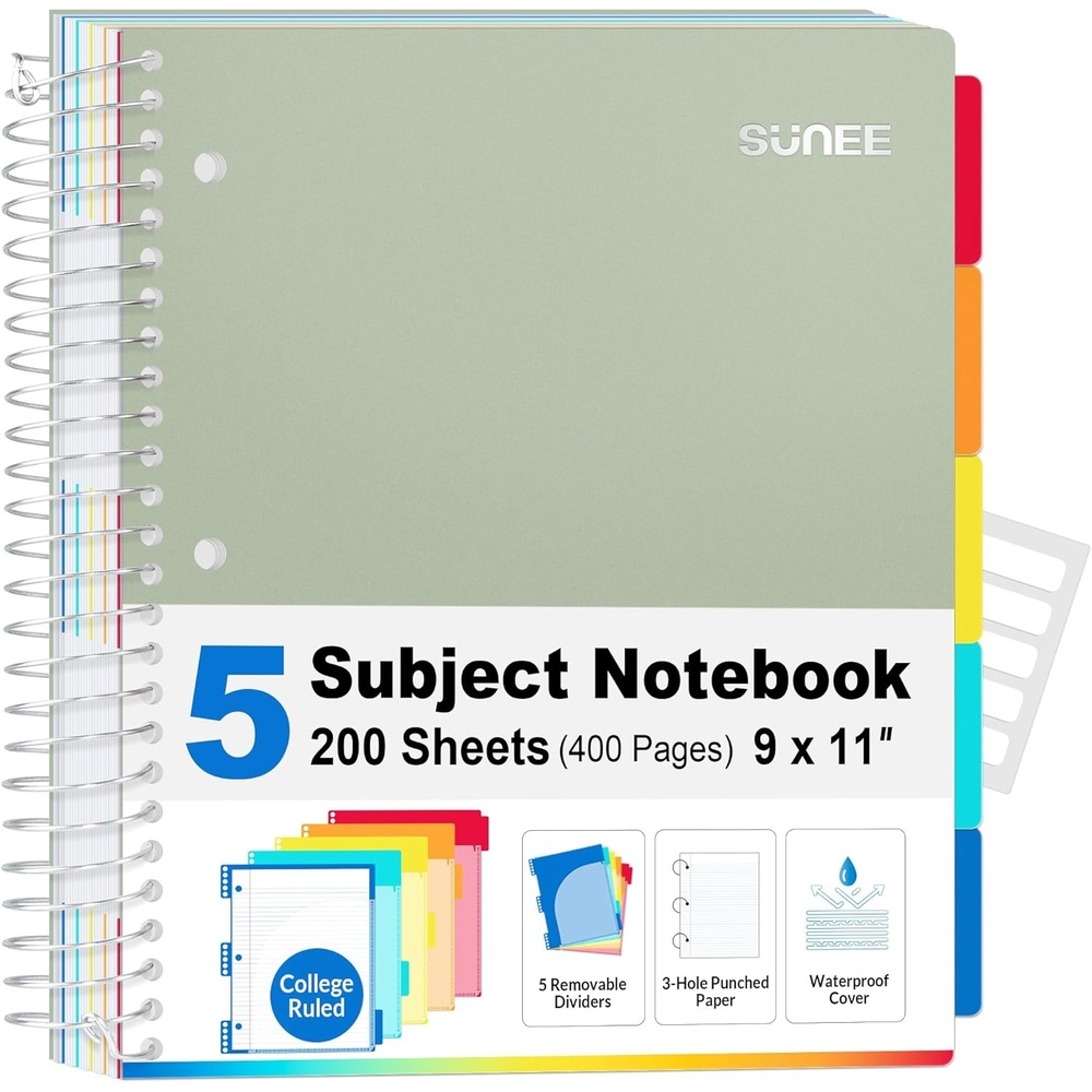 image:imageSUNEE 5 Subject Notebook College Ruled 400 Pages 9x11 5 Pocket Colored Dividers 3Hole Punched Paper PinkSage Green