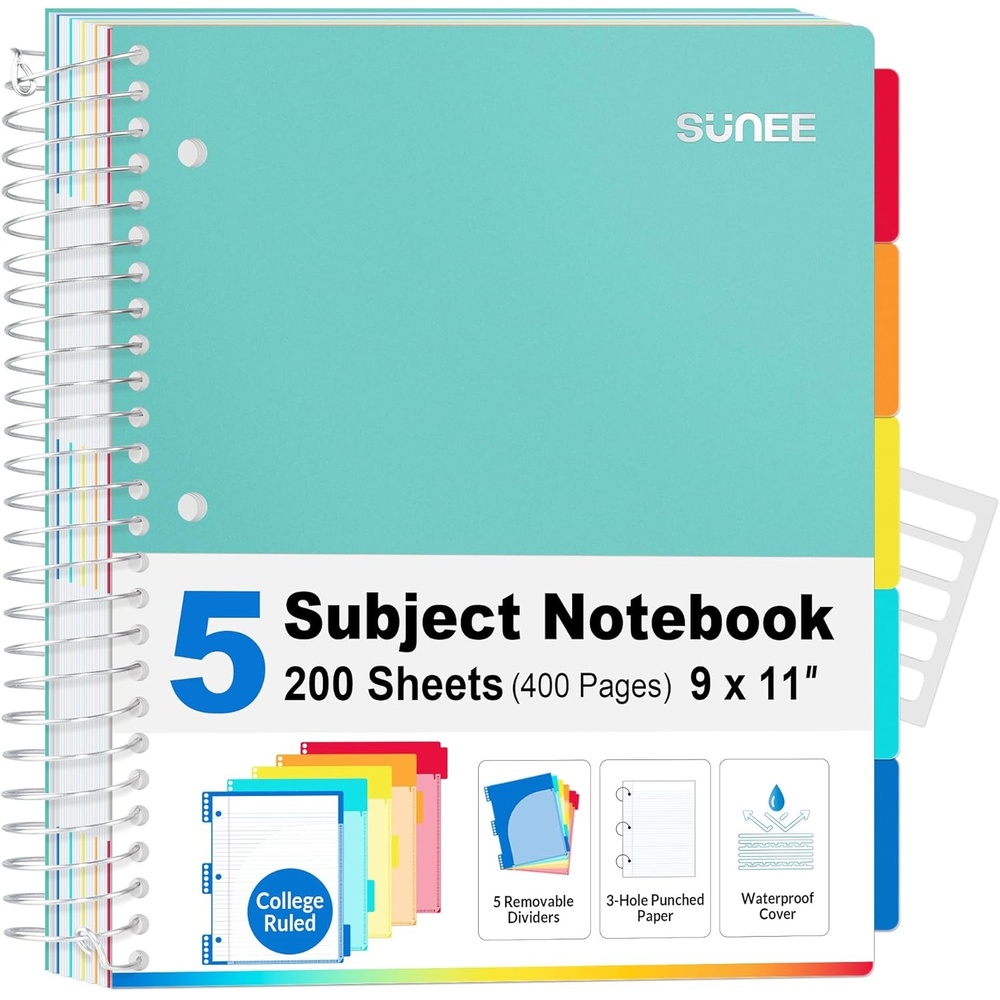 image:imageSUNEE 5 Subject Notebook College Ruled 400 Pages 9x11 5 Pocket Colored Dividers 3Hole Punched Paper PinkTeal