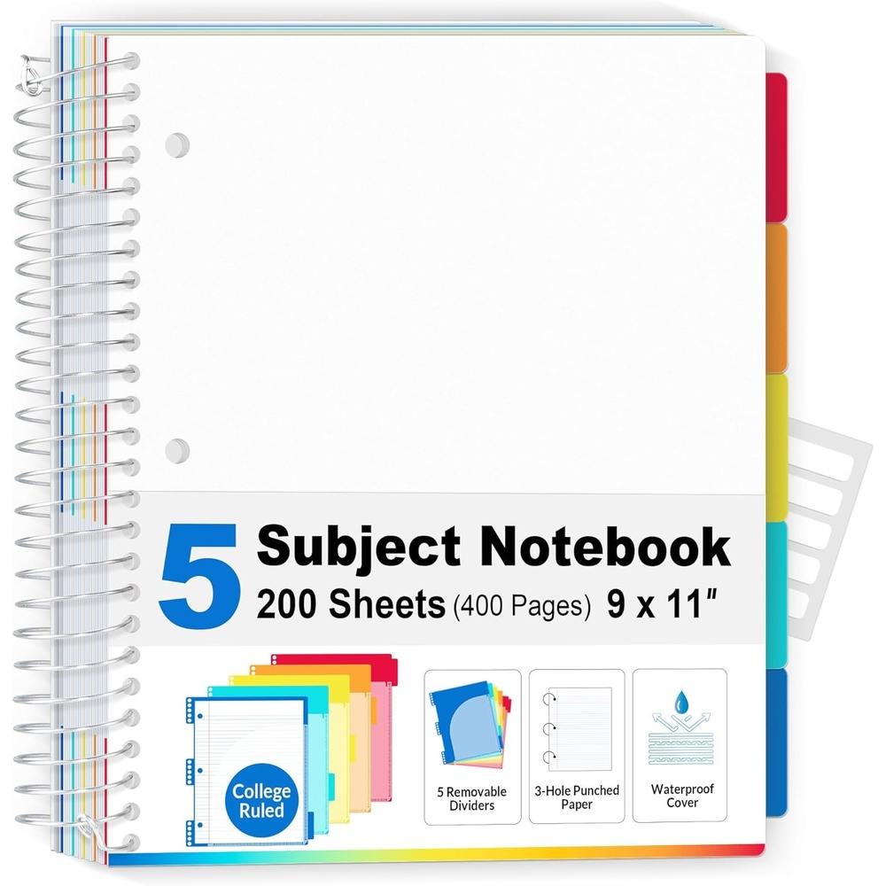 image:imageSUNEE 5 Subject Notebook College Ruled 400 Pages 9x11 5 Pocket Colored Dividers 3Hole Punched Paper PinkWhite