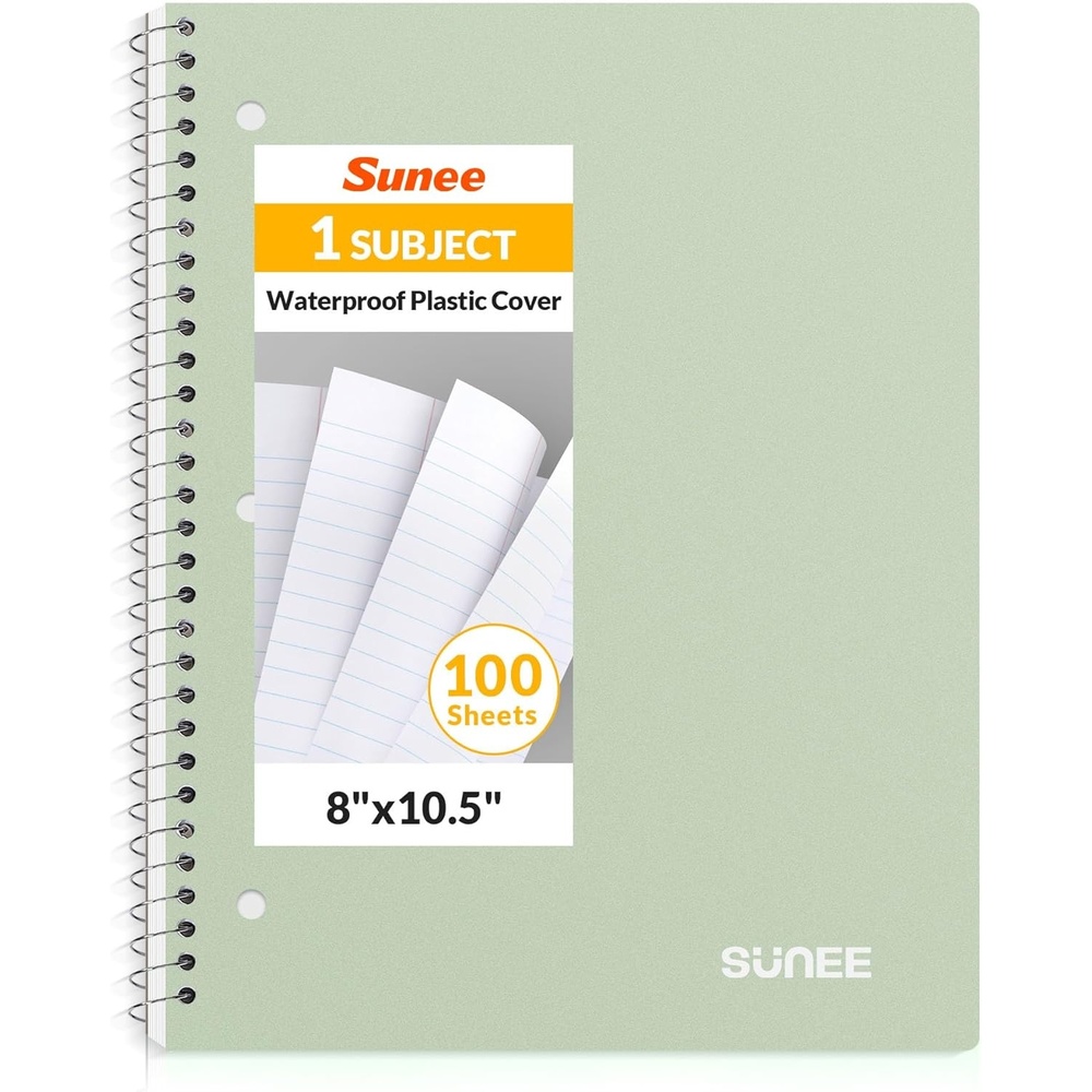 image:imageSUNEE Spiral Notebook 1Subject Wide Ruled Paper 8 x 1012 100 Sheets per Notebook 3Hole Punched Paper Water Resistant Cover Doublesided Pockets Spiral Lined Notebooks for School GreenGreen