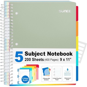image:imageSUNEE 5 Subject Notebook College Ruled  400 Pages 9x11 5 Pocket Colored Dividers 3Hole Punched Paper PinkSage Green
